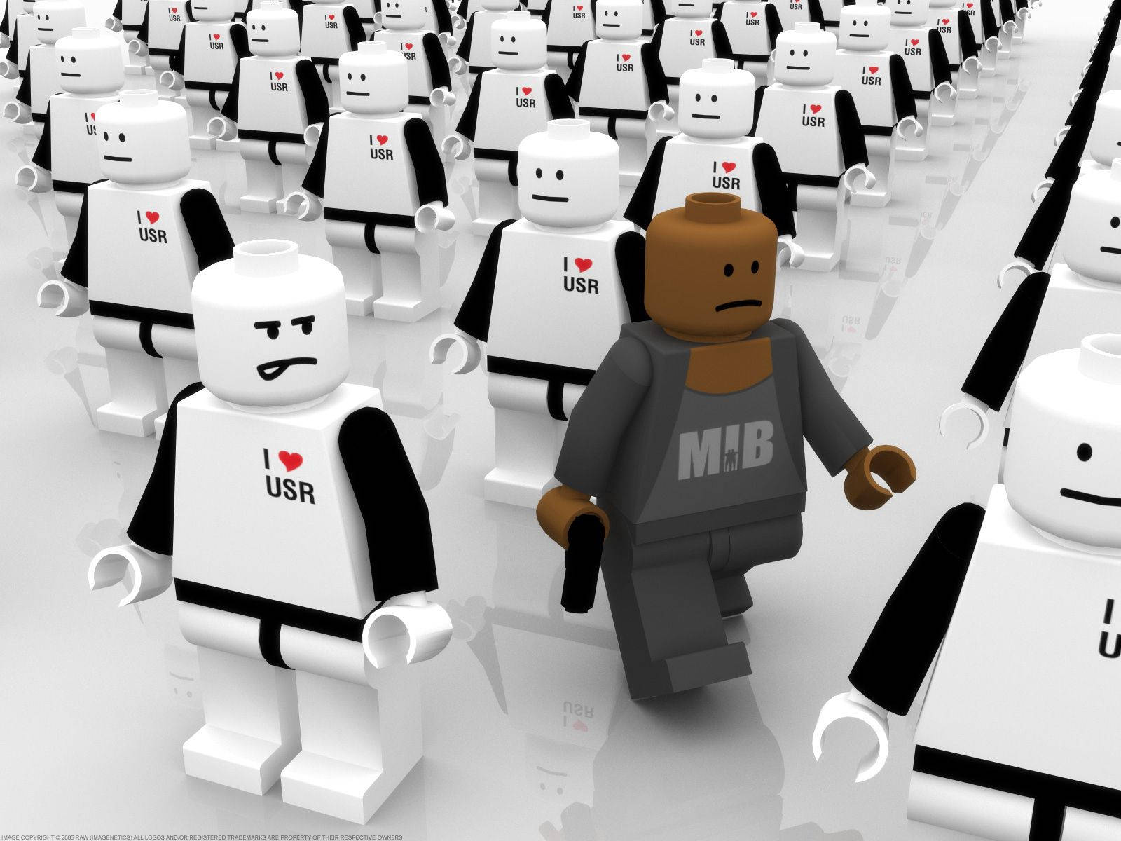 it crowd 桌布 壁紙 — 一個孤獨的棕色皮膚LEGO MIB特工穿過一群穿著'I ❤️ USA'襯衫的相同白色LEGO人物。
