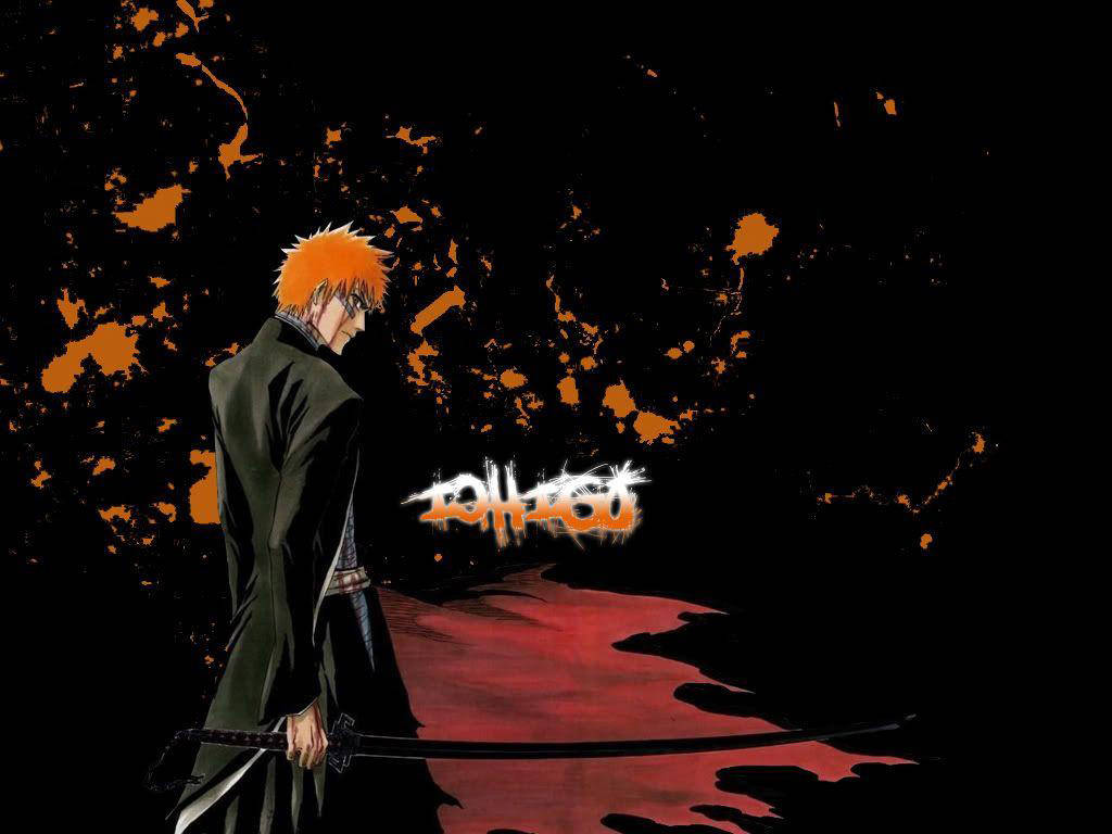 Bankai 桌布 壁紙 — 一個孤獨的橙色頭髮動漫戰士穿著深色外套，手持劍，站在一個濺滿橙色和紅色的黑色背景前。