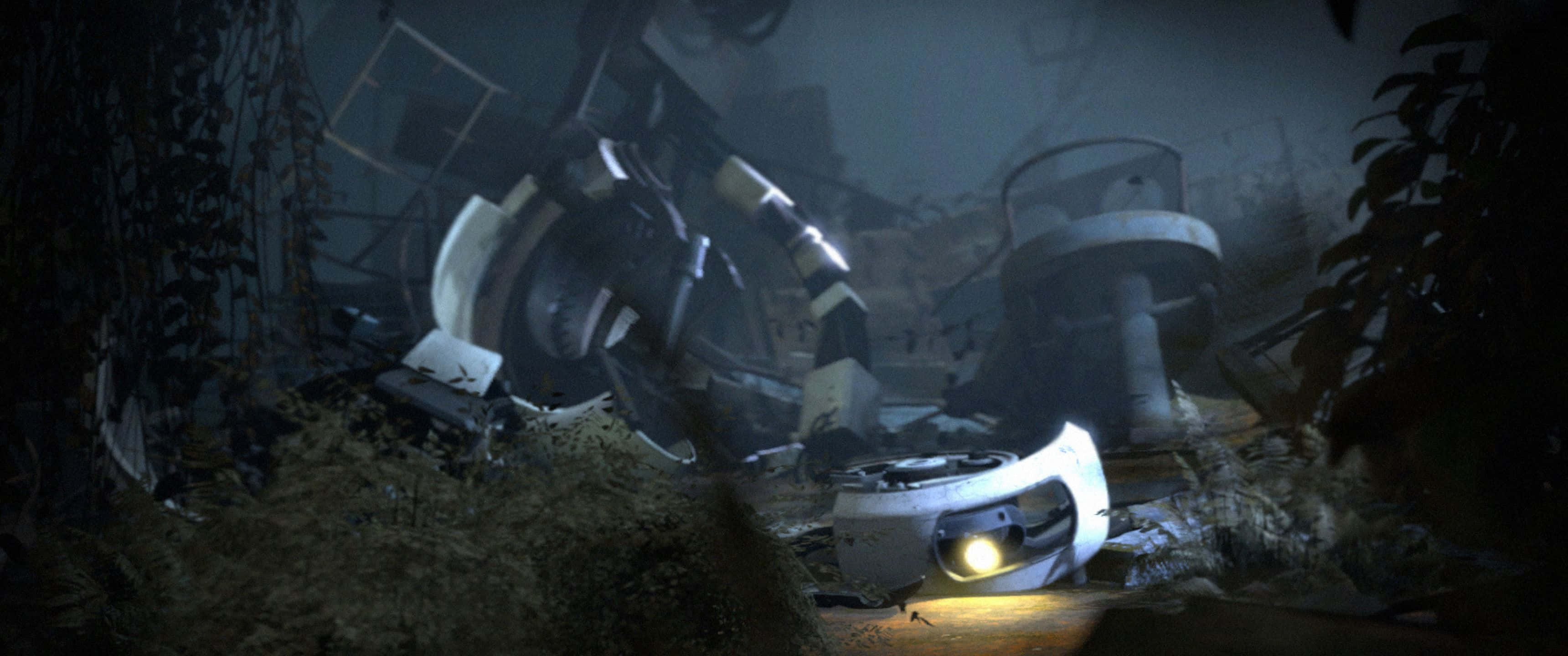 3440x1440p Portal 2 桌布 壁紙 — 一個孤獨的機器人，頭燈發光，站在被遺忘的工業遺址的雜草叢生廢墟中，籠罩在霧濛濛的暮色下。