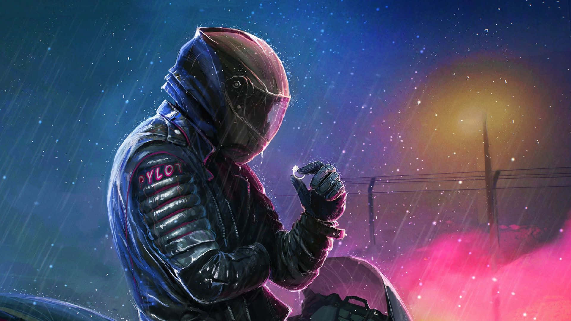biker 桌布 壁紙 — 一個孤獨的機車騎士，戴著濕透的安全帽和外套，在星空下穿過霓虹燈閃爍的夜晚。