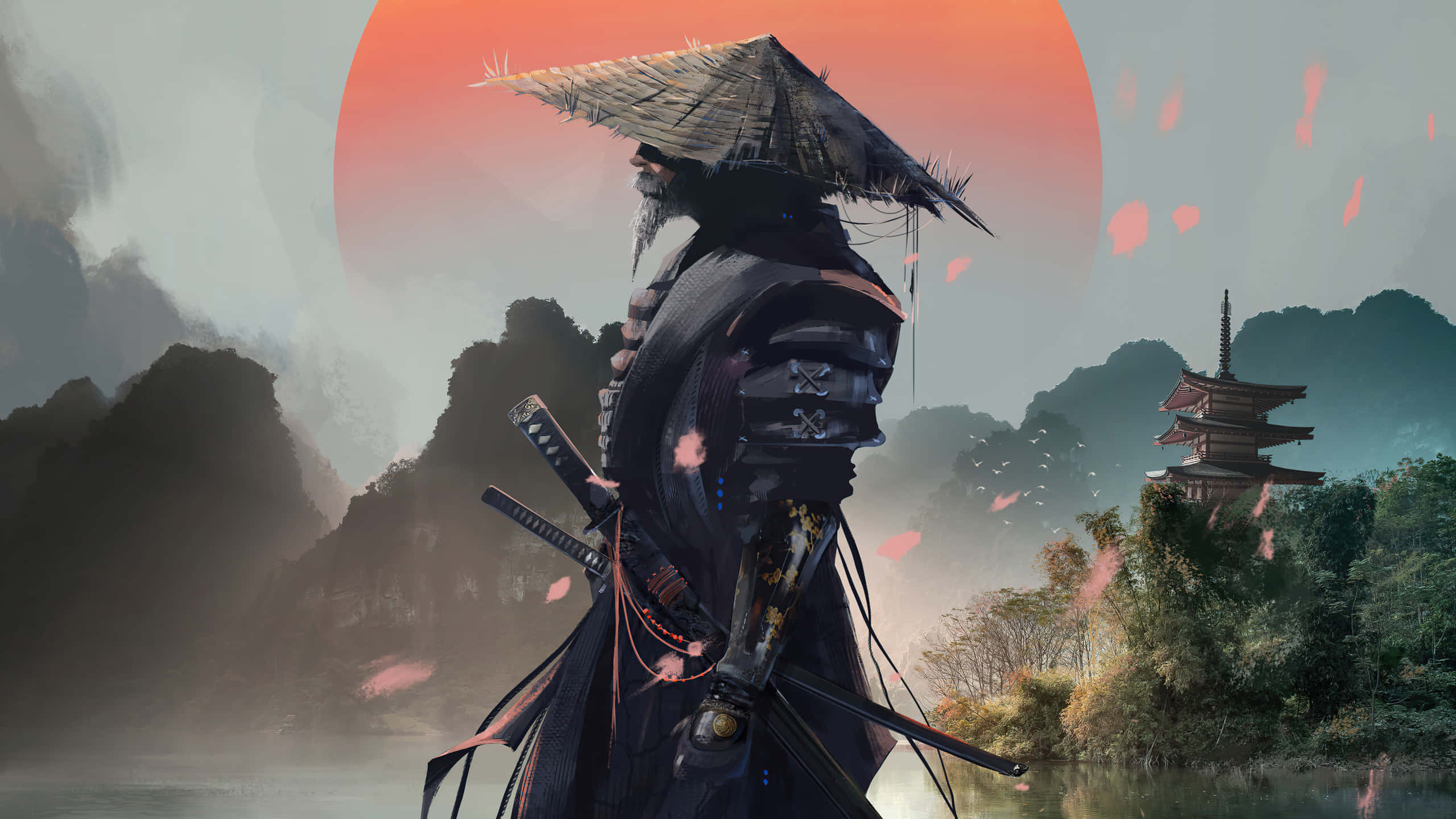 Samurai Movies 桌布 壁紙 — 一個孤獨的武士，身穿暗色鎧甲、頭戴草帽，站在水邊，巨大的橙色太陽下，櫻花飄過遠方的 pagoda。