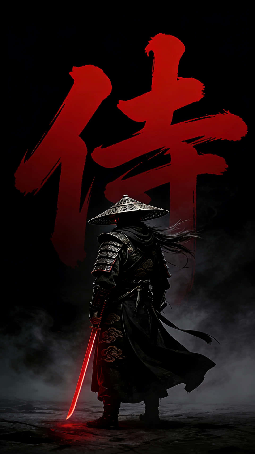 身穿黑色盔甲的武士，在一個大的紅色漢字下手持發光的紅色劍。 — 紅色美學動圖 壁紙