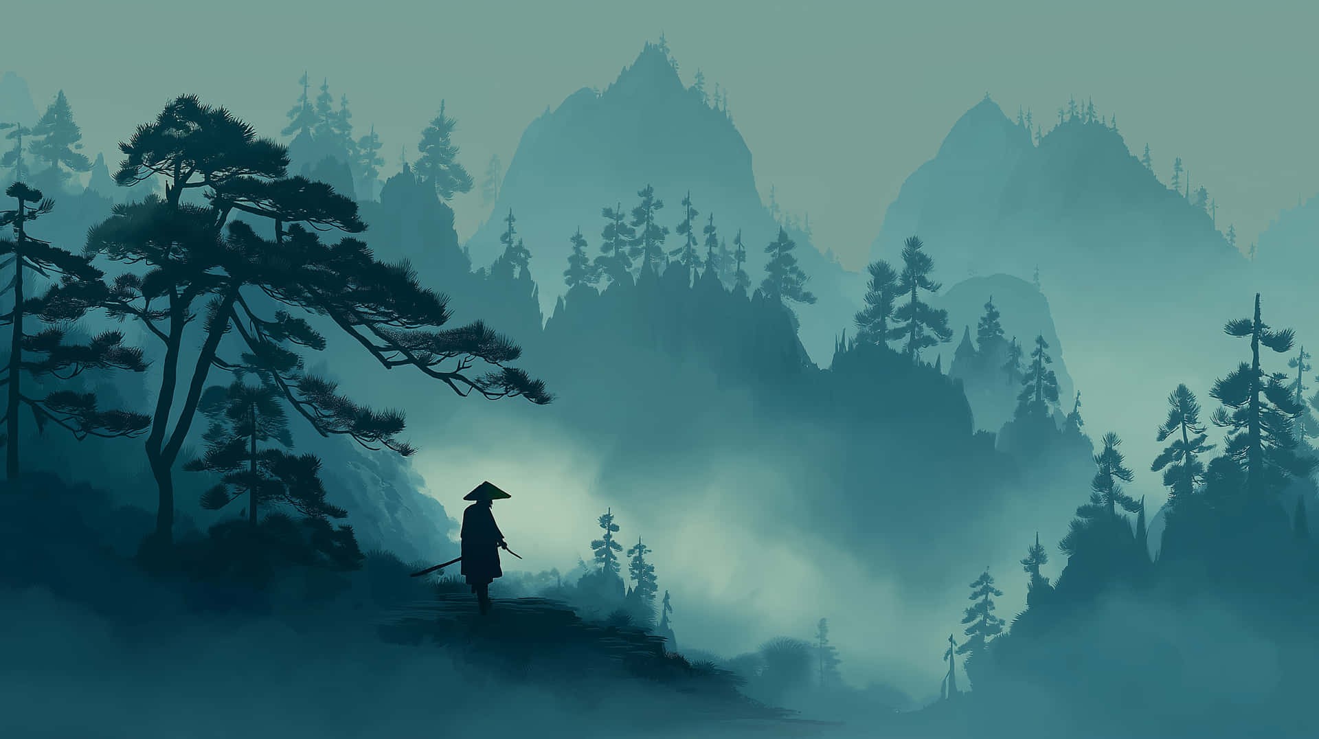 Lone Samurai in Misty Mountains: A Serene and Mysterious Scene 壁紙 — 一個孤獨的武士剪影在霧氣瀰漫的山巒中行走，松樹林立，天空朦朧呈青綠色。