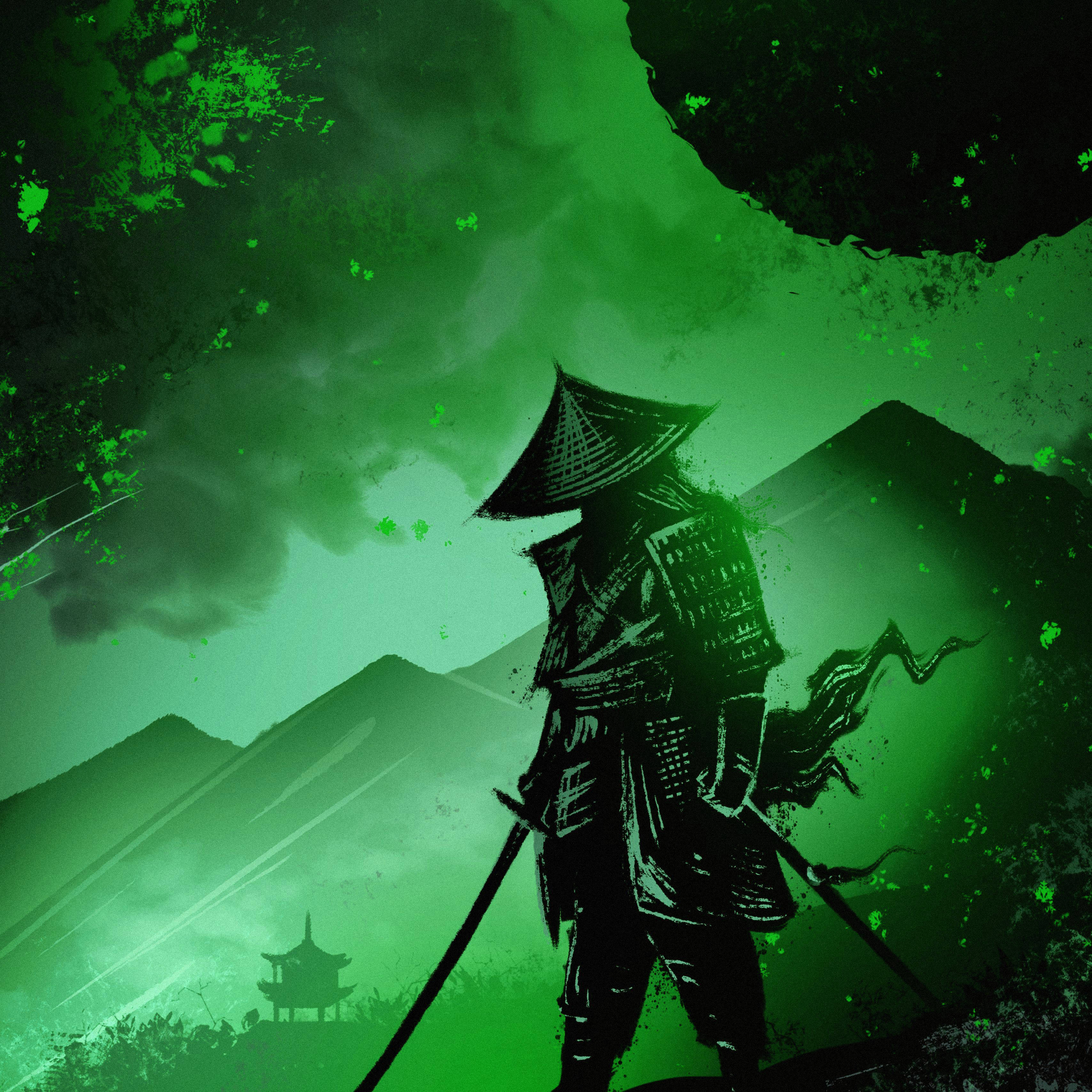 Anime Samurai 桌布 壁紙 — 一個孤獨的武士剪影站在山頂上，下方是 vibrant 綠色天空和一座寶塔。