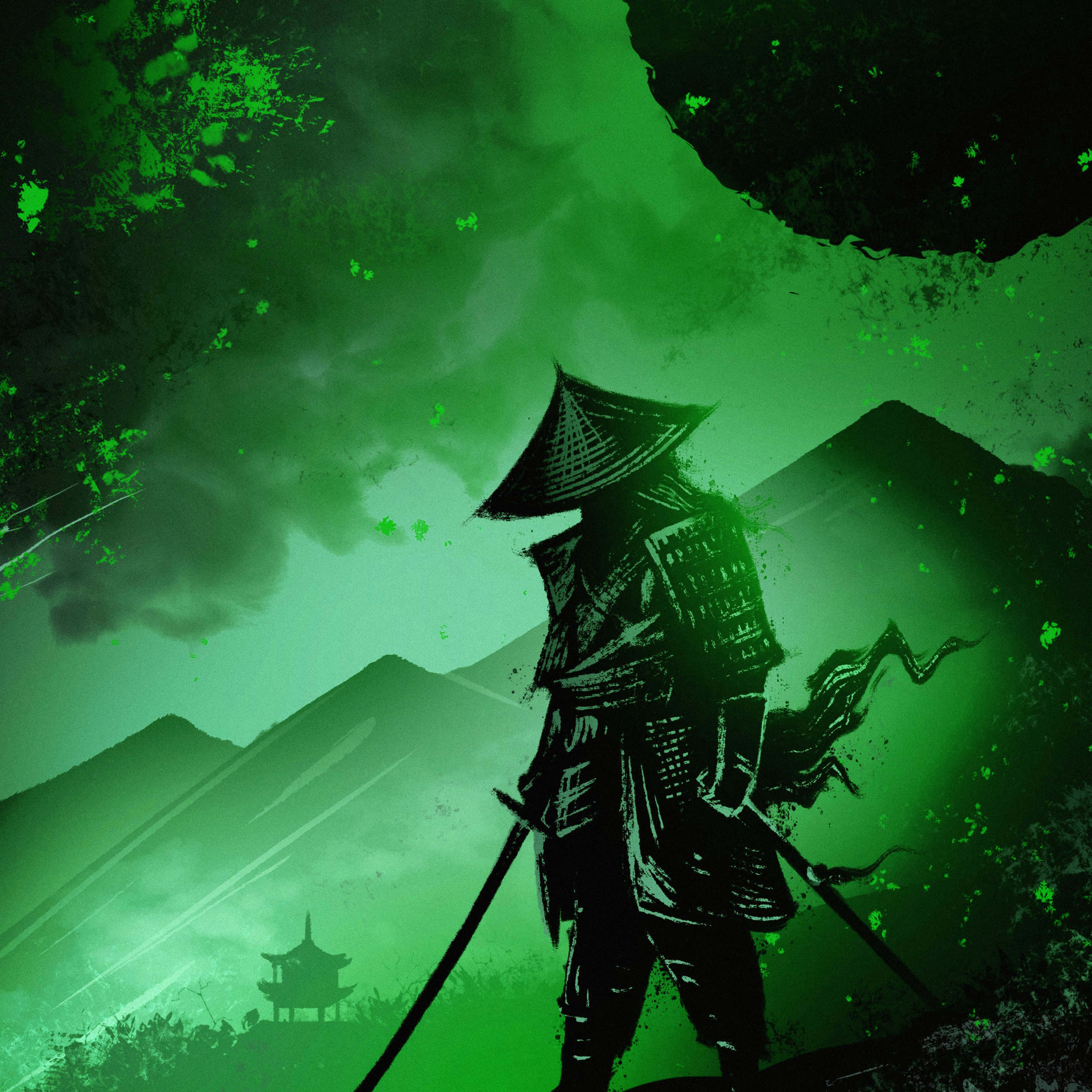 武士動畫 桌布 壁紙 — 一個孤獨的武士剪影站在山頂上，下方是寶塔，上方是鮮綠色的天空。