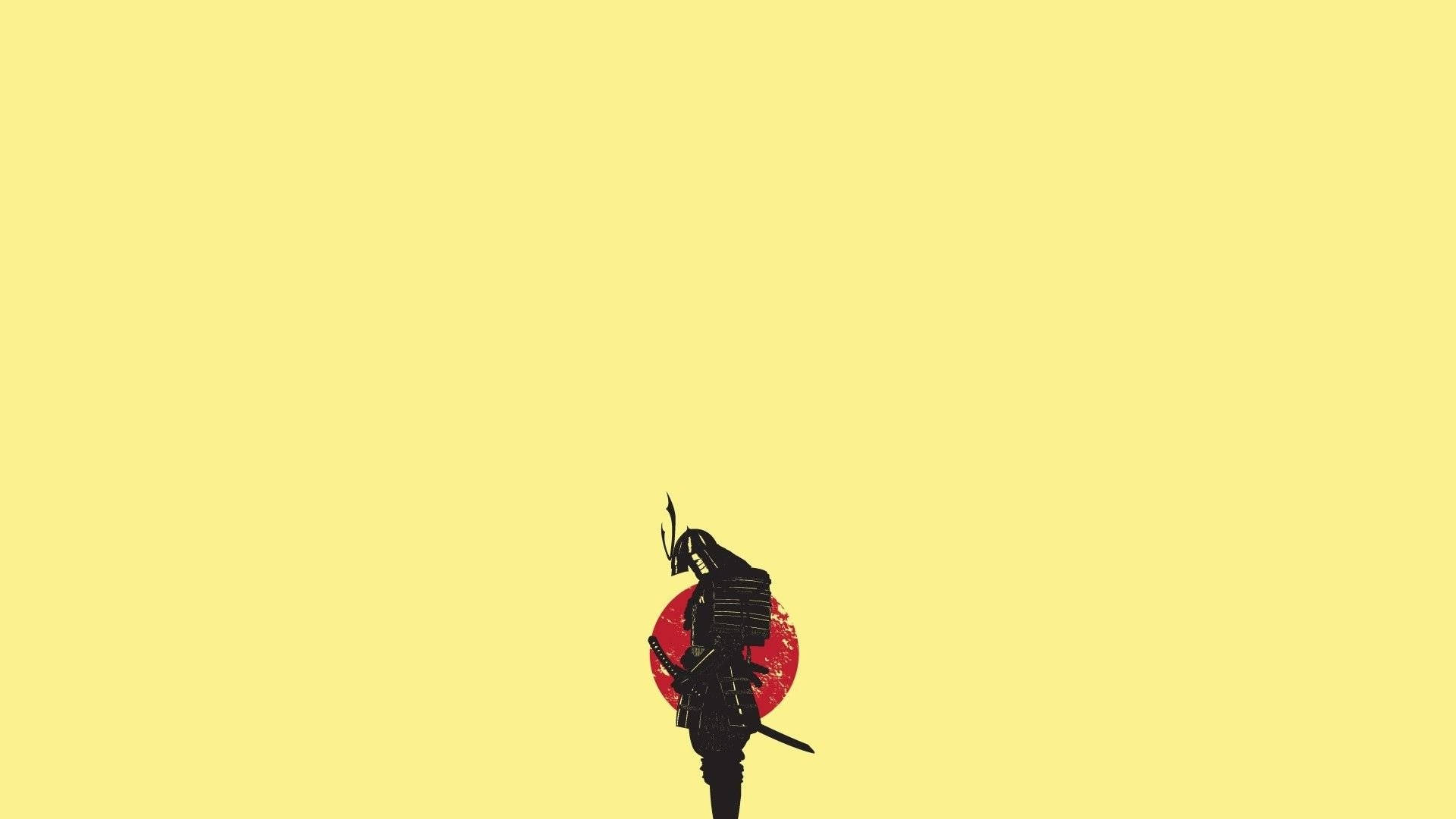 日本武士 桌布 壁紙 — 一個孤獨的武士剪影站在紋理紅日之前，背景為淡黃色。