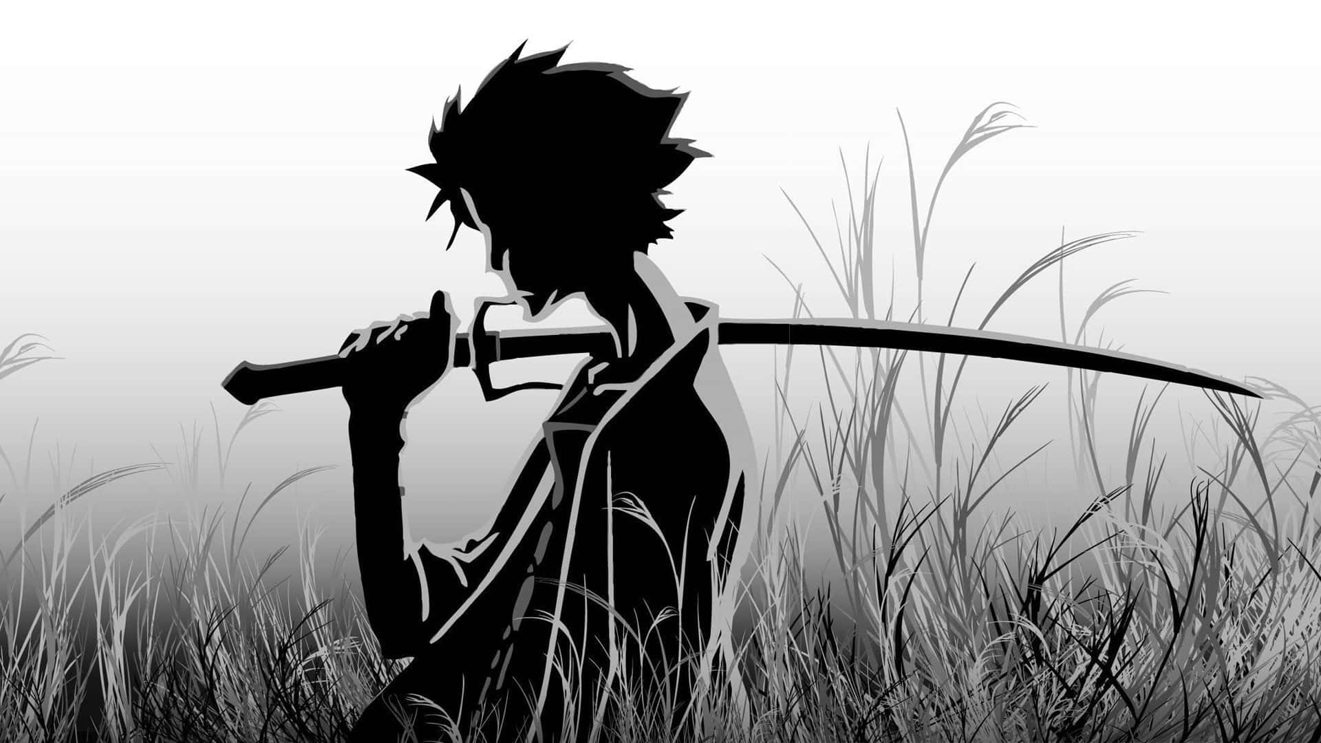 Samurai Champloo 桌布 壁紙 — 一個孤獨的武士剪影站在高高的草叢中，手持武士刀，背景是柔和的灰色漸變。