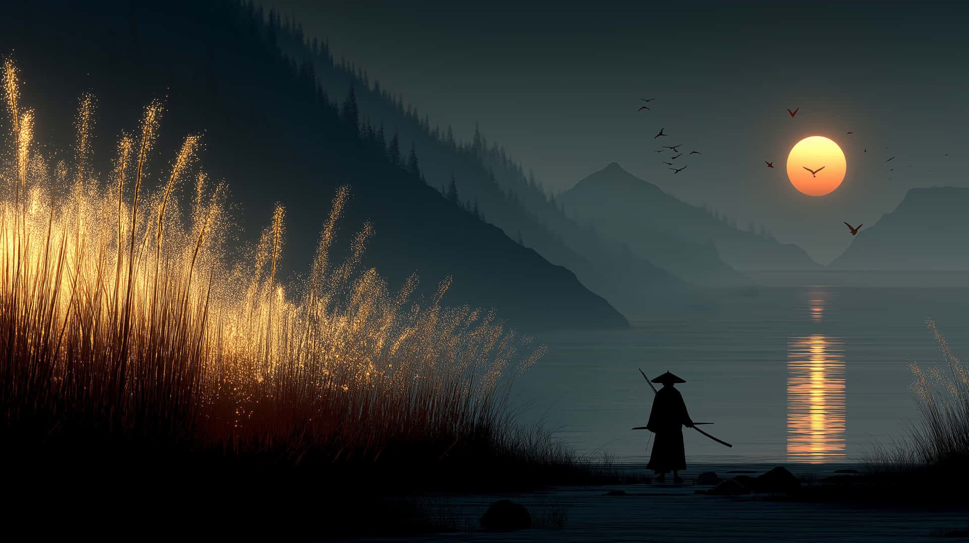 Samurai Figure at Sunset on a Lake Shore with Glowing Reeds 壁紙 — 一個孤獨的武士在夕陽映照的湖邊以剪影站立，周圍是高高的蘆葦和遠山。