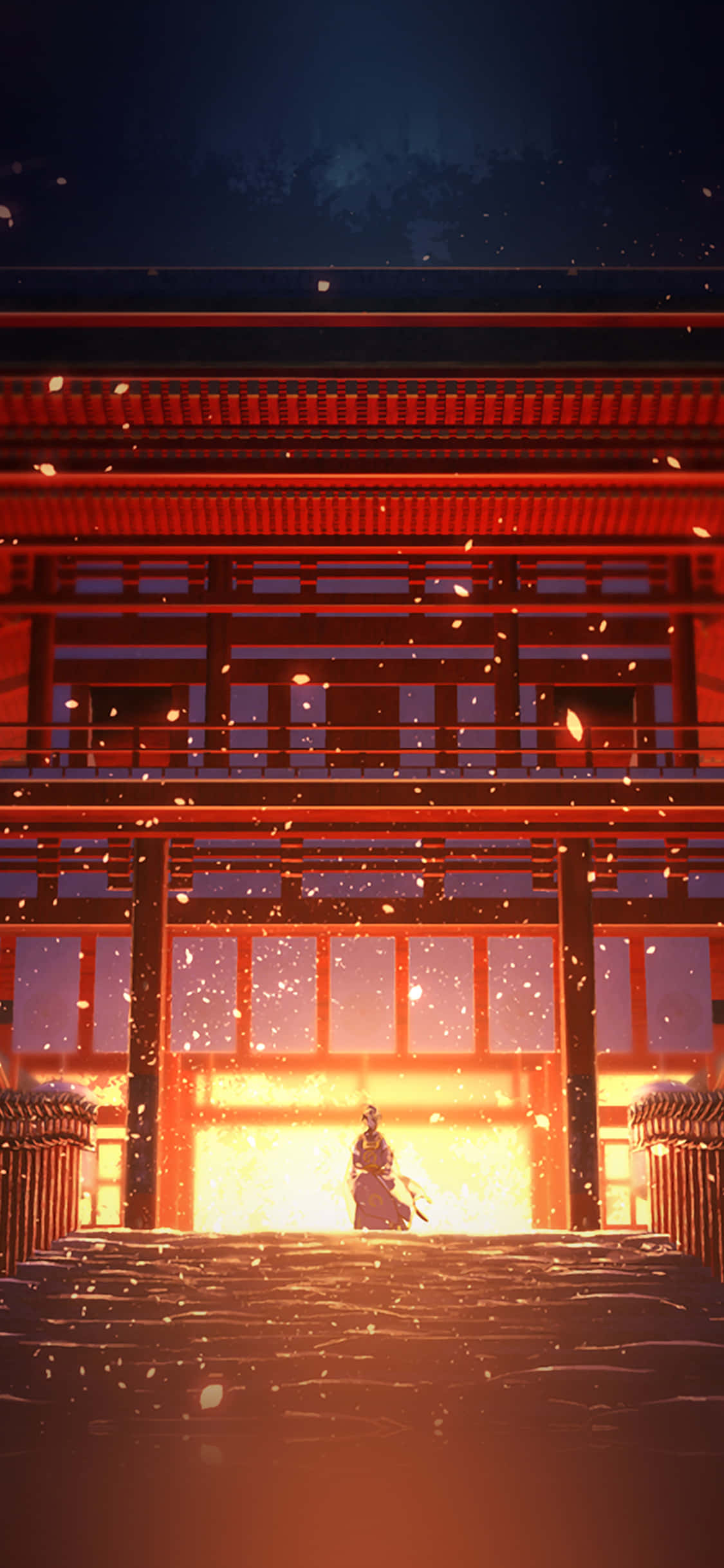 桌布 壁紙 — 一個孤獨的武士在夜晚站在發光的紅色神社前，飄落的櫻花照亮了場景。