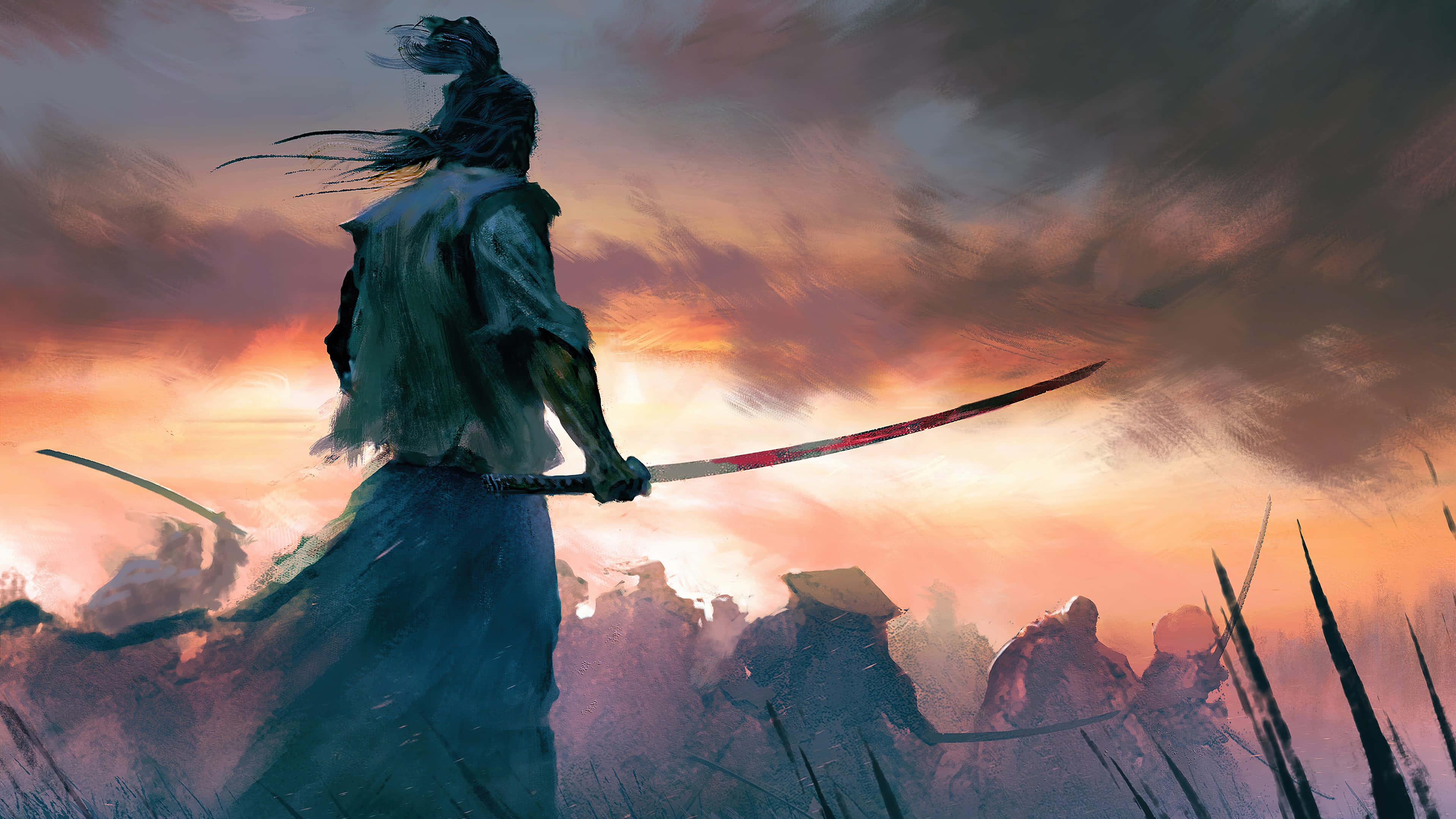 Samurai Warrior 桌布 壁紙 — 一個孤獨的武士在火紅的夕陽天空下以剪影站立，手持武士刀，風吹動他的頭髮和長袍。