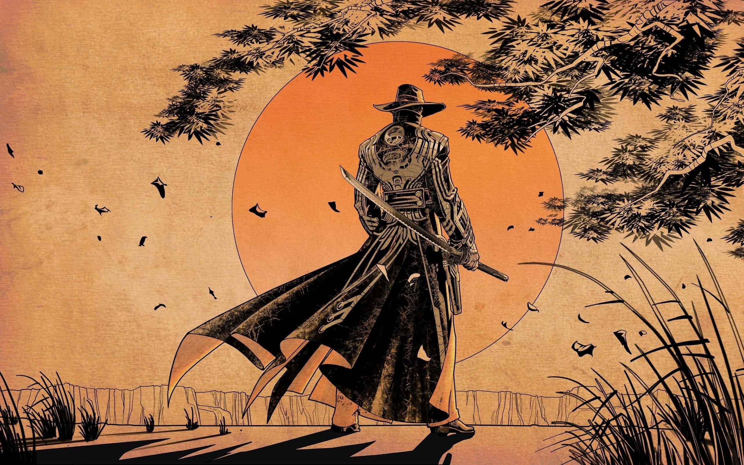Bushido 桌布 壁紙 — 一個孤獨的武士在發光的橙色太陽前呈現剪影，周圍環繞著深色竹枝和飛鳥。