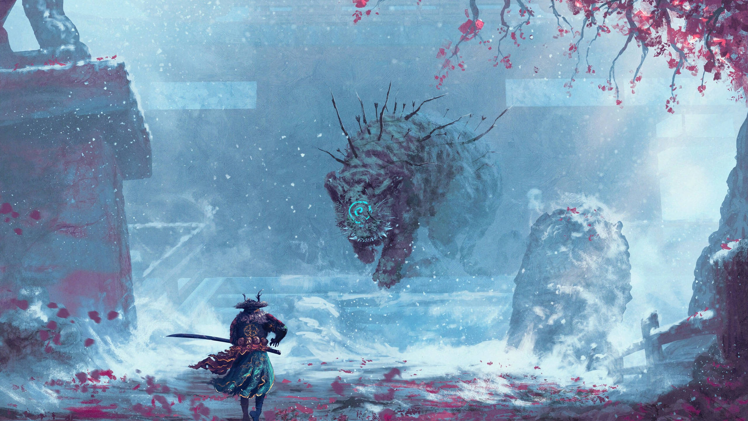 Sekiro 桌布 壁紙 — 一個孤獨的武士在雪中櫻花飄落的廢墟前，挑釁地站在一頭怪獸面前。