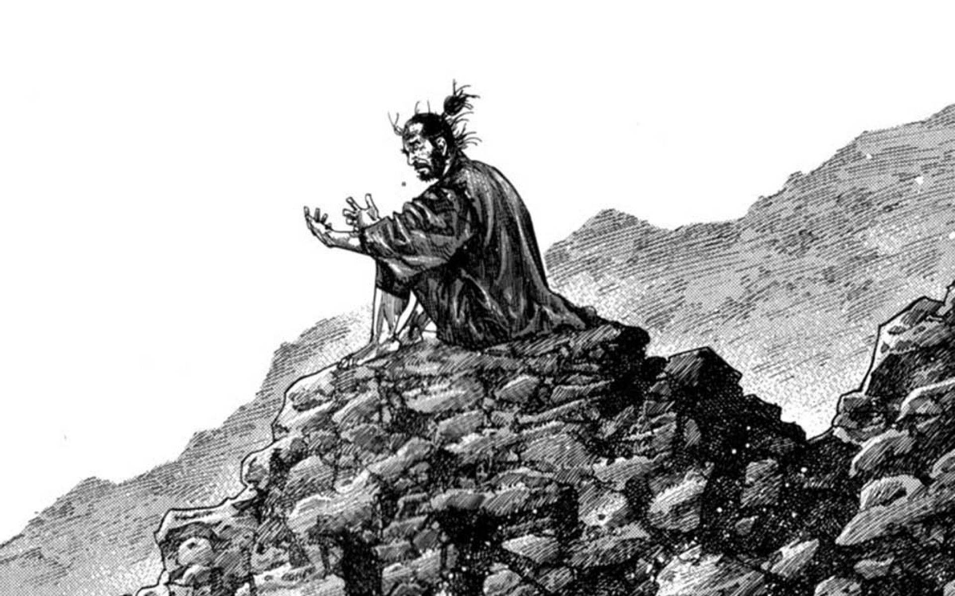 Vagabond 桌布 壁紙 — 一個孤獨的武士坐在岩石山頂上，雙手張開，如同祈禱或投降，一幅鮮明的黑白插圖。