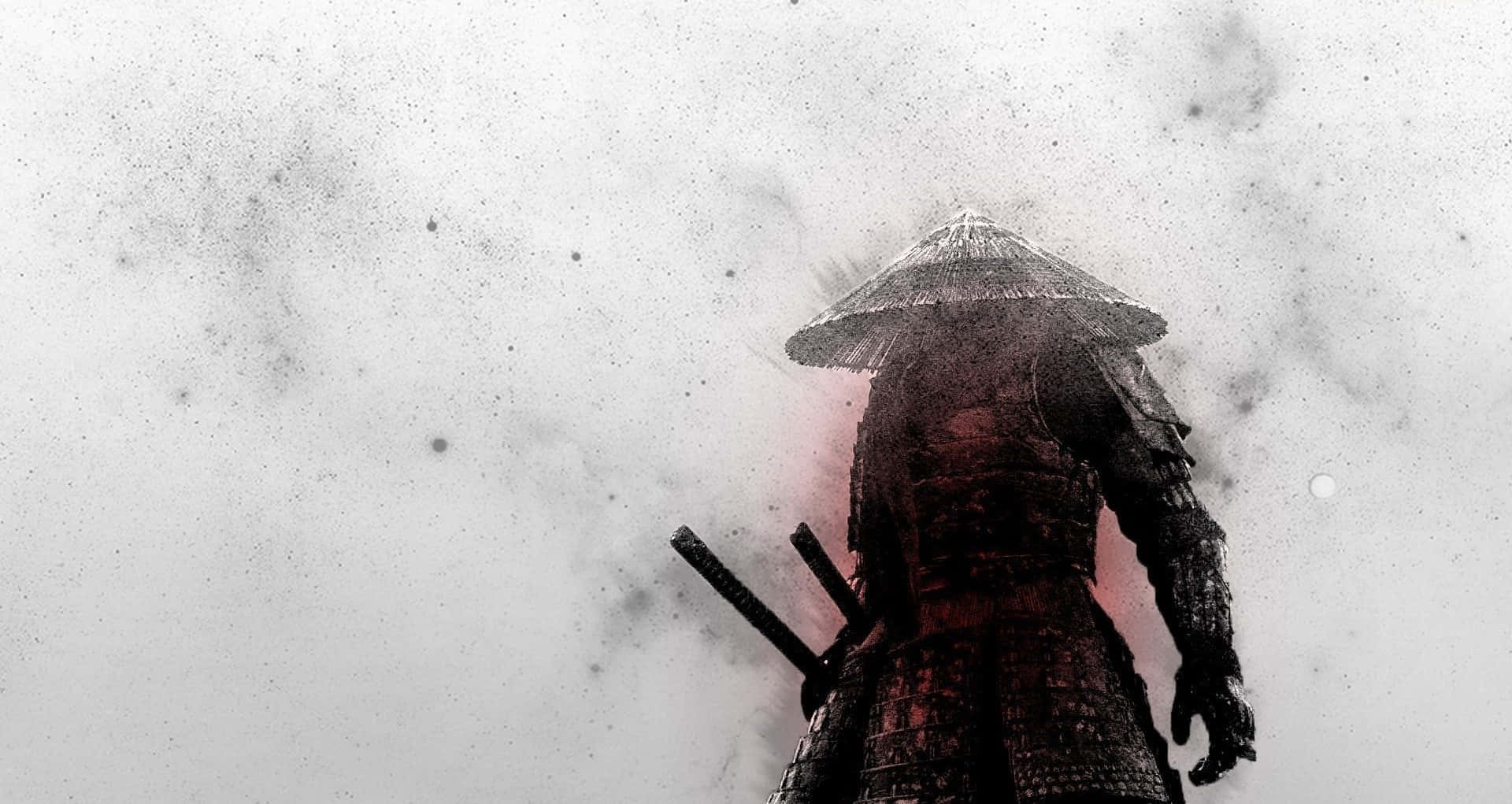 Black And White Samurai 桌布 壁紙 — 一個孤獨的武士戰士，身穿暗色盔甲和草帽，在霧氣瀰漫的灰色天空襯托下，以剪影姿態站立，天空帶有紅色發光點綴。