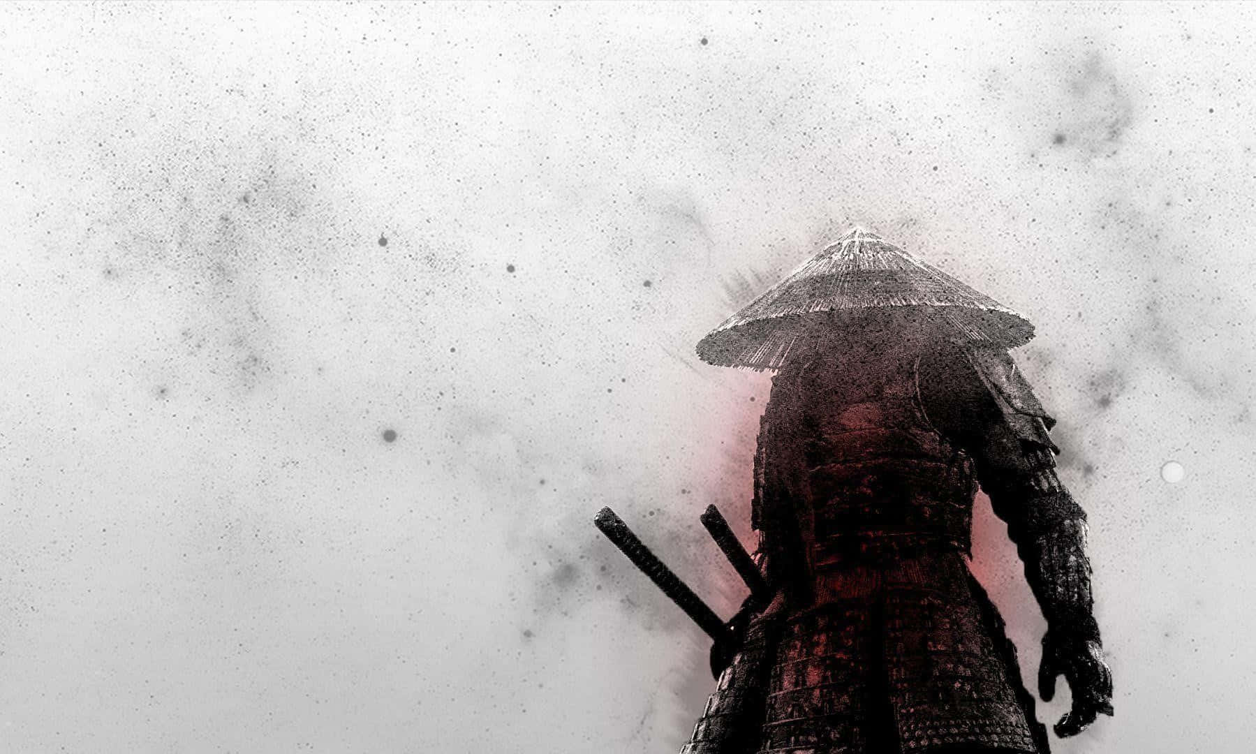 武士動畫 桌布 壁紙 — 一個孤獨的武士戰士，身穿暗色盔甲和草帽，在帶有微妙紅光的霧濛濛灰色背景上呈現剪影。