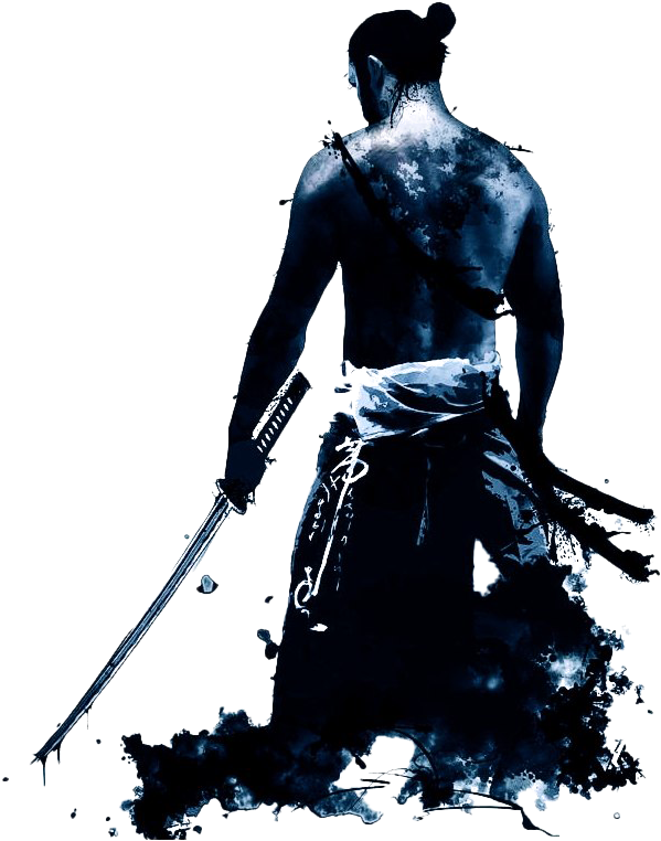 藝術 桌布 壁紙 — 一個孤獨的武士戰士以剪影站在黑色背景前，手持一把武士刀，腳邊有藍色調的潑濺效果。