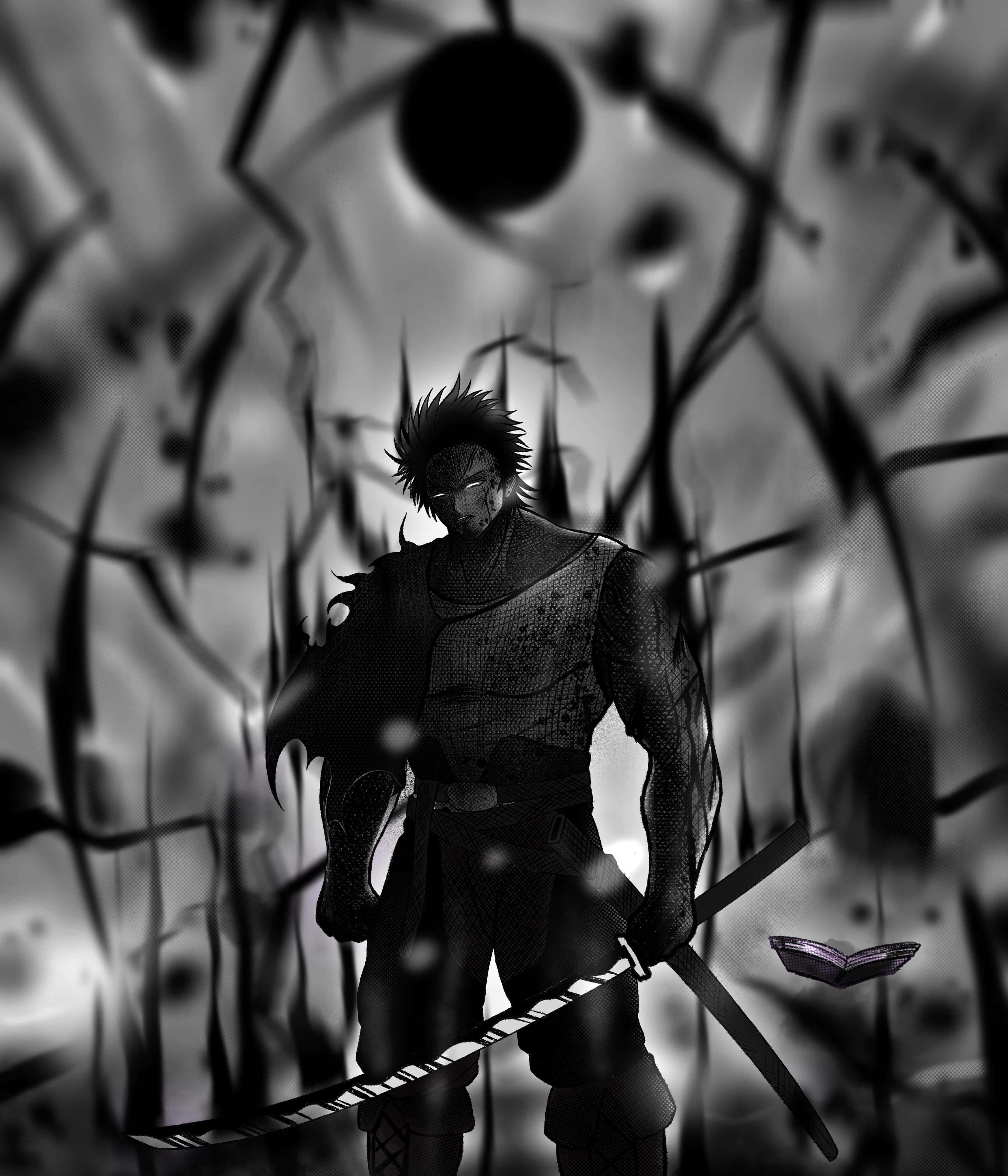 Black Clover Anime 桌布 壁紙 — 一個孤獨的武士戰士以單色挑釁地站立，手持武士刀，背景是混亂、抽象的旋轉黑暗藤蔓。