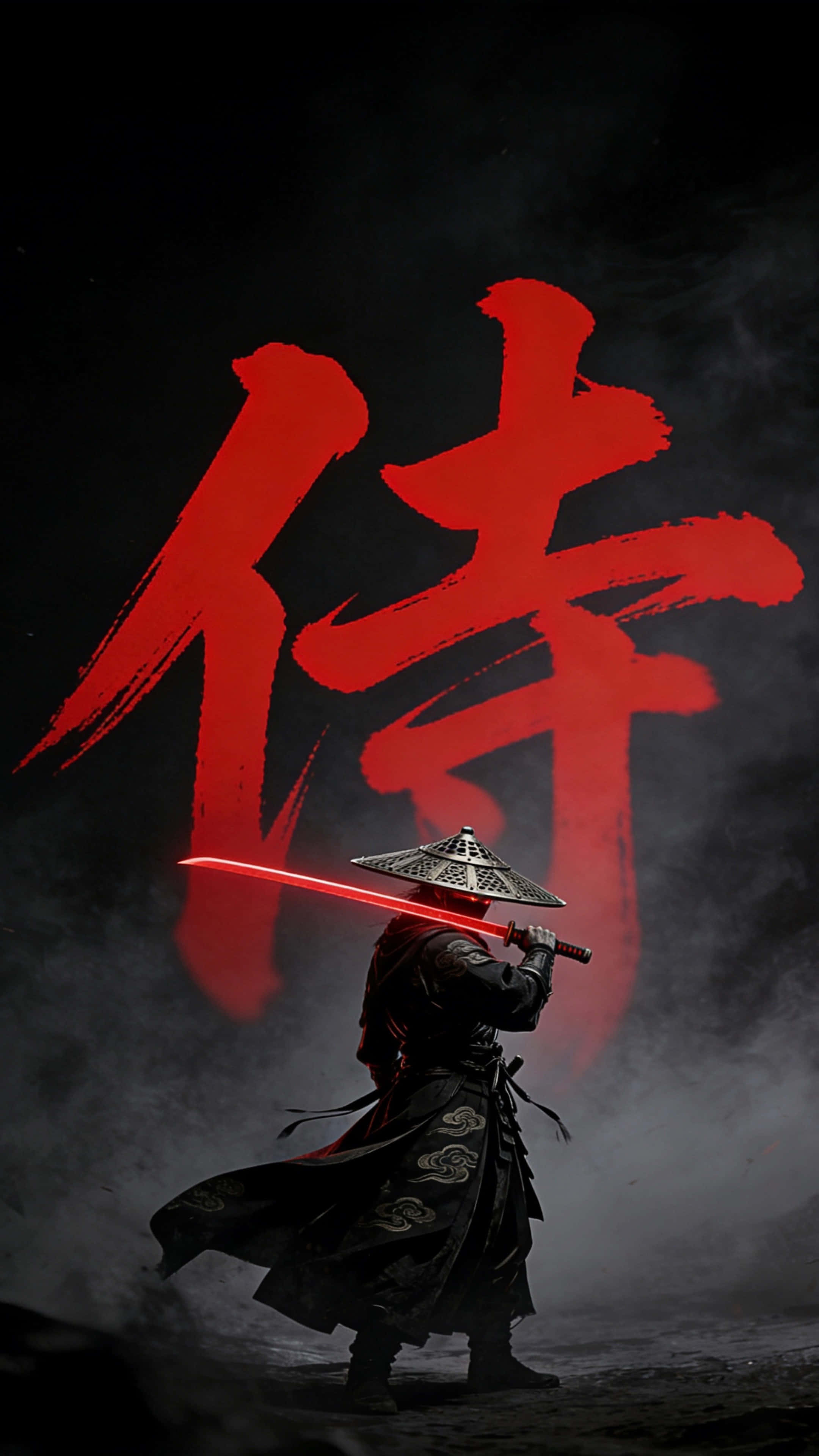 Free 桌布 壁紙 — 一個孤獨的武士戰士穿著深色衣服和帽子，在煙霧瀰漫的黑色背景上，一個巨大的紅色漢字下方握著一把發光的紅色劍。