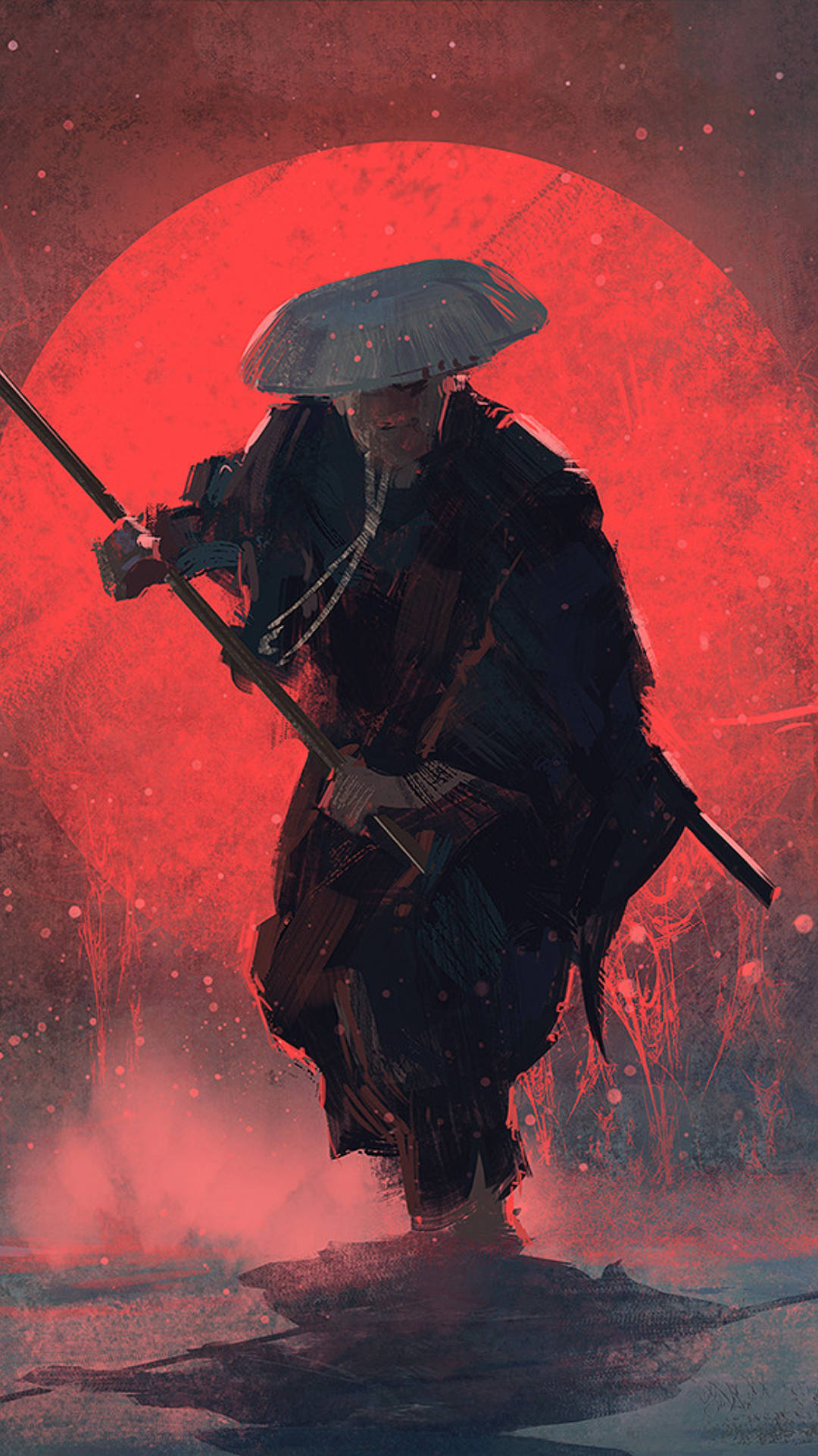 Samurai Art 桌布 壁紙 — 一個孤獨的武士戰士穿著深色長袍和寬邊帽，手持長杖，以巨大的血紅色太陽為背景，蓄勢待發。