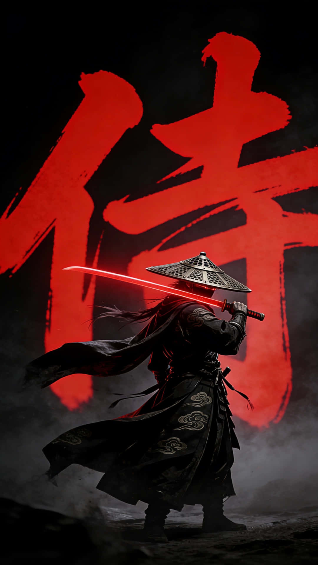 Black Samurai 壁紙 — 一個孤獨的武士戰士穿著黑色盔甲和圓錐形帽子，手持發光的紅色劍，背景是黑暗煙霧中的巨大紅色筆畫漢字。