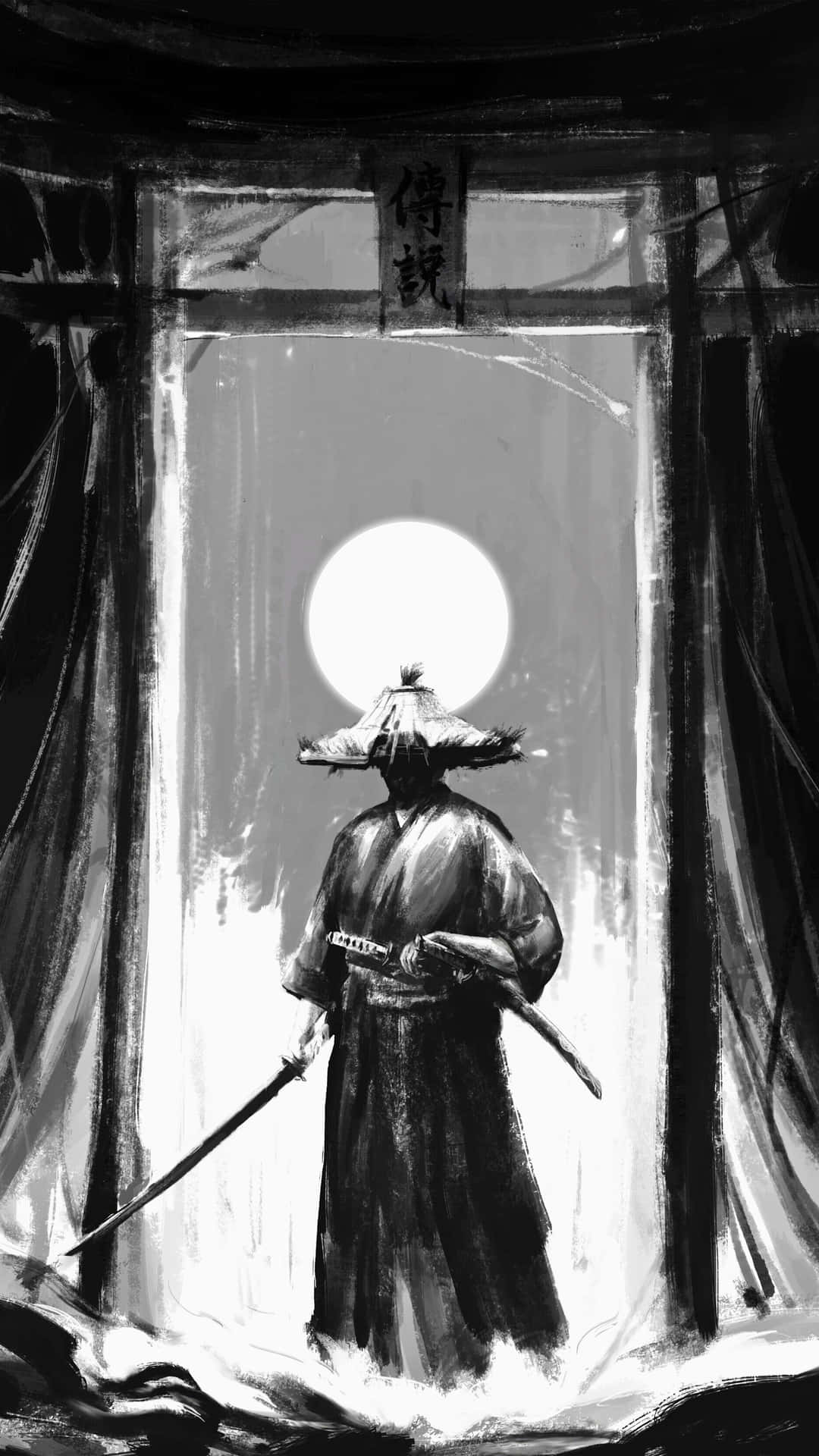 White moon samurai 壁紙 — 一個孤獨的武士戴著草帽，在傳統日本門框內襯著發光的滿月形成剪影。