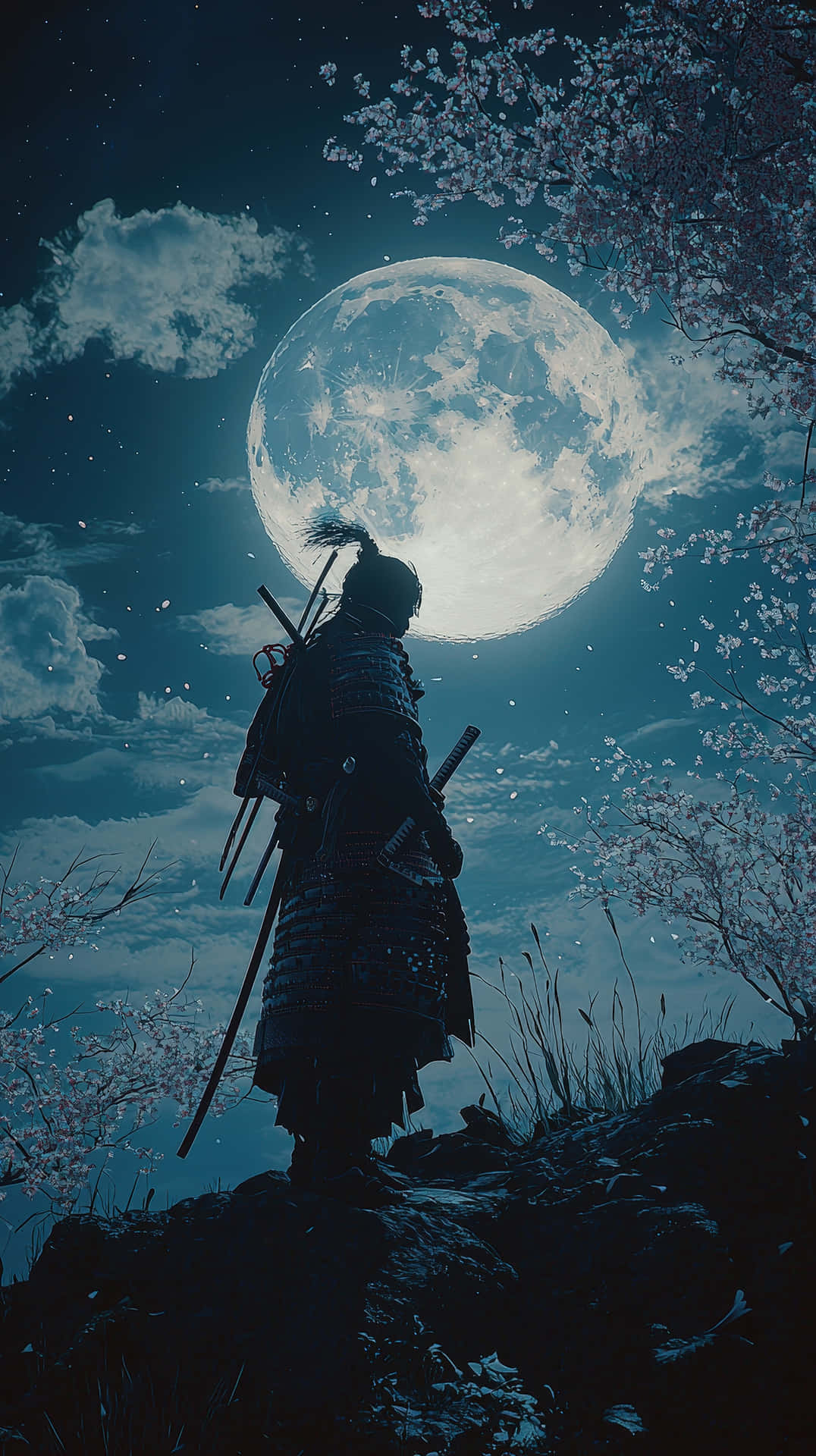 穿著暗色盔甲的武士戰士站在滿月下，夜空中有櫻花。 — 武士動畫 壁紙