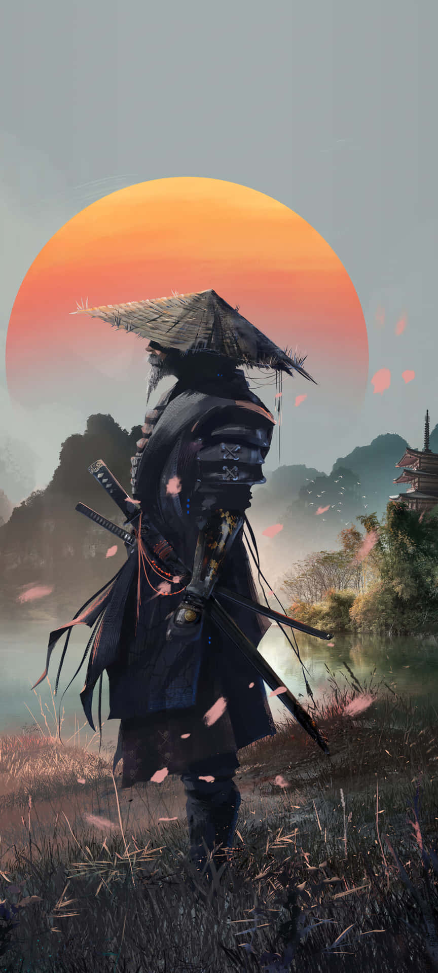 Samurai Anime 4K Wallpaper 壁紙 — 一個孤獨的武士穿著暗色盔甲和草帽，在巨大的橙色太陽下形成剪影，櫻花在迷霧的風景中飄蕩。