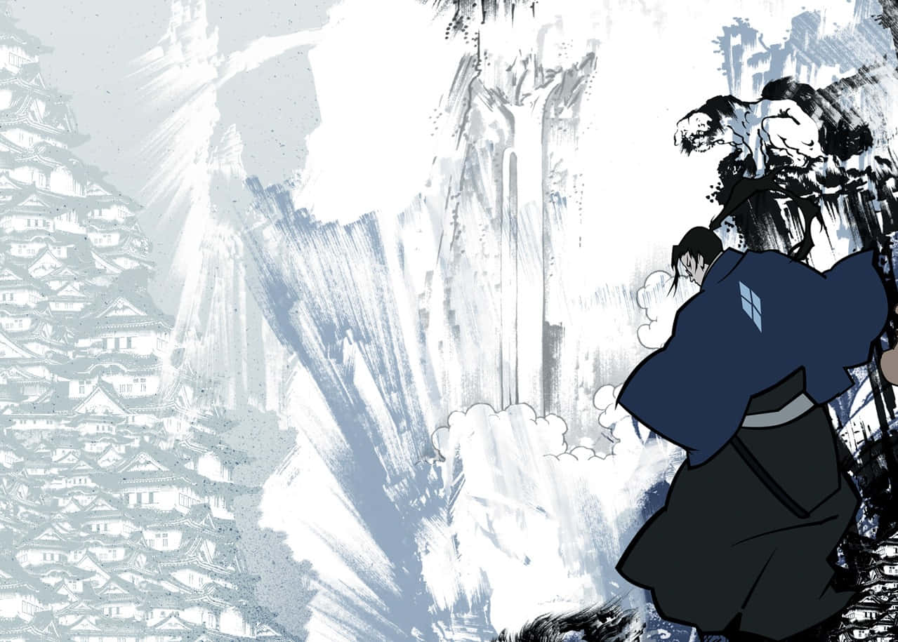 Samurai Champloo 桌布 壁紙 — 一個孤獨的武士穿著深色長袍，站在瀑布前，背後是霧濛濛的單色傳統日本村莊。