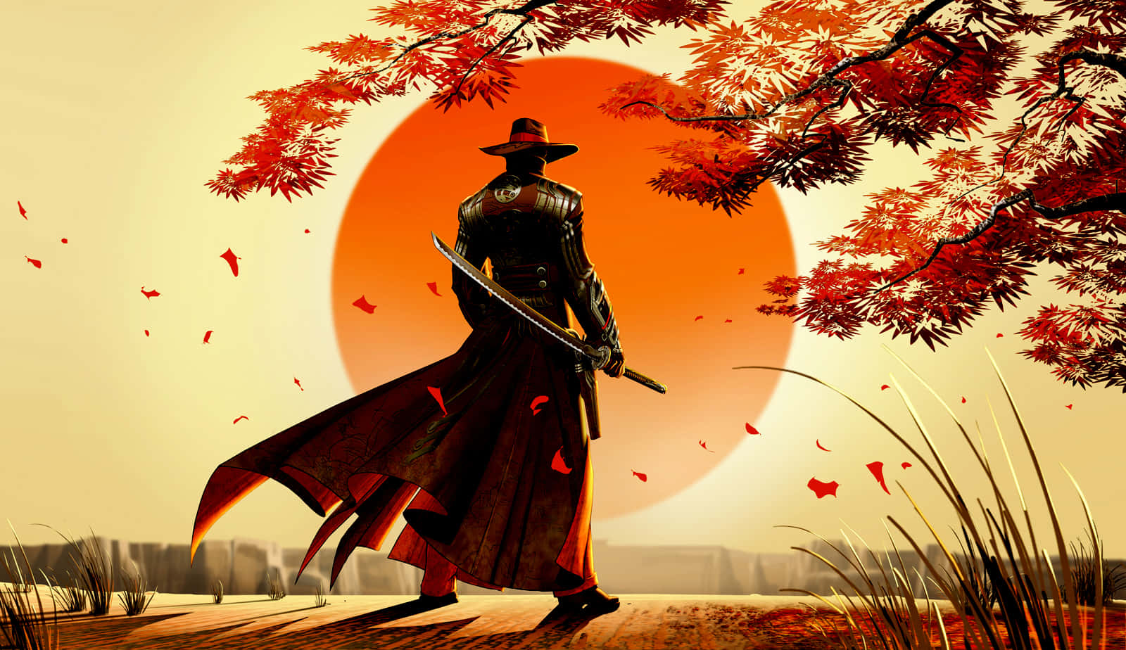 武士動畫 桌布 壁紙 — 一個孤獨的武士穿著深色長袍，站在火紅的楓樹枝下，背景是巨大的橙色太陽。