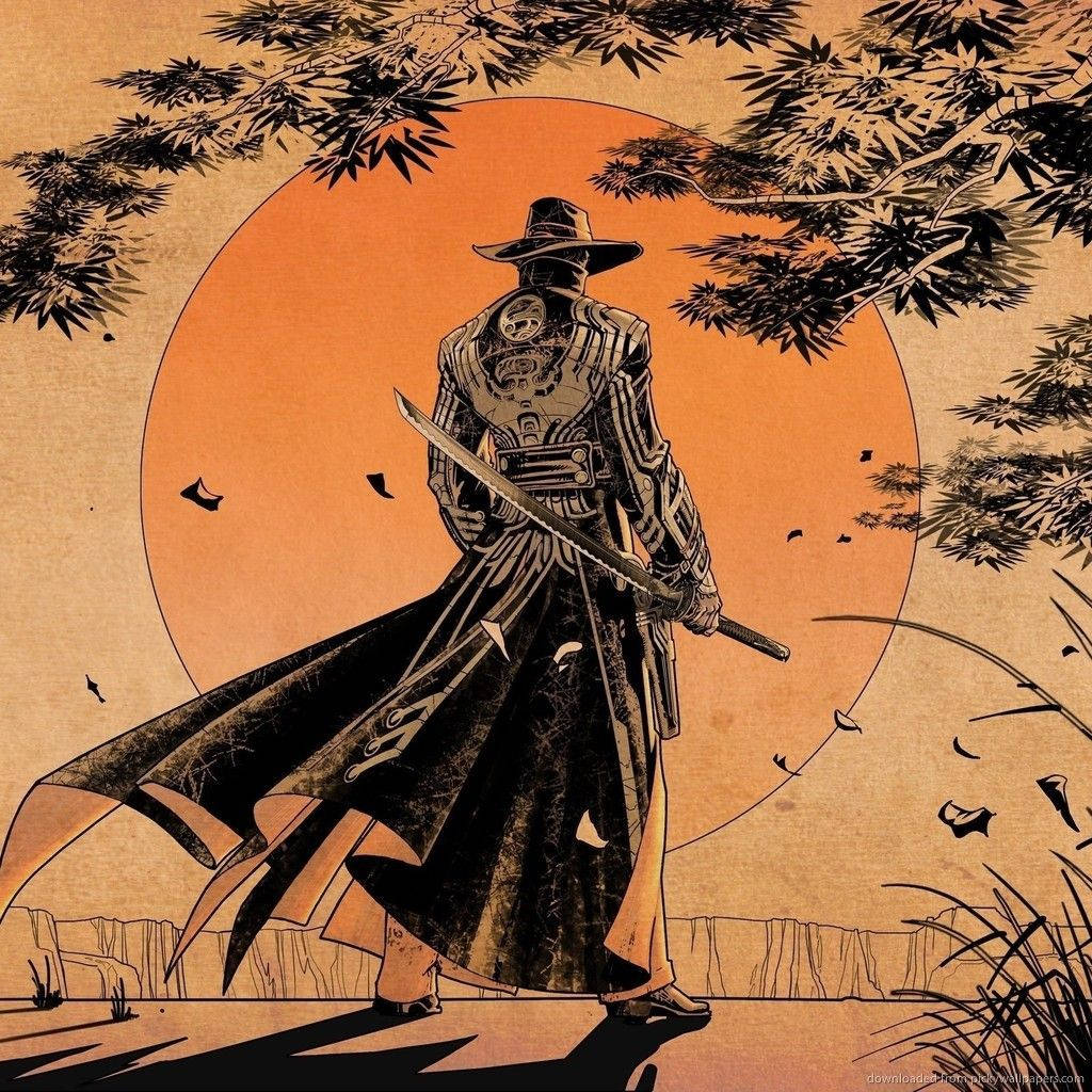 Samurai Art 桌布 壁紙 — 一個孤獨的武士穿著華麗盔甲，在竹枝環繞的巨大橙色太陽襯托下形成剪影。