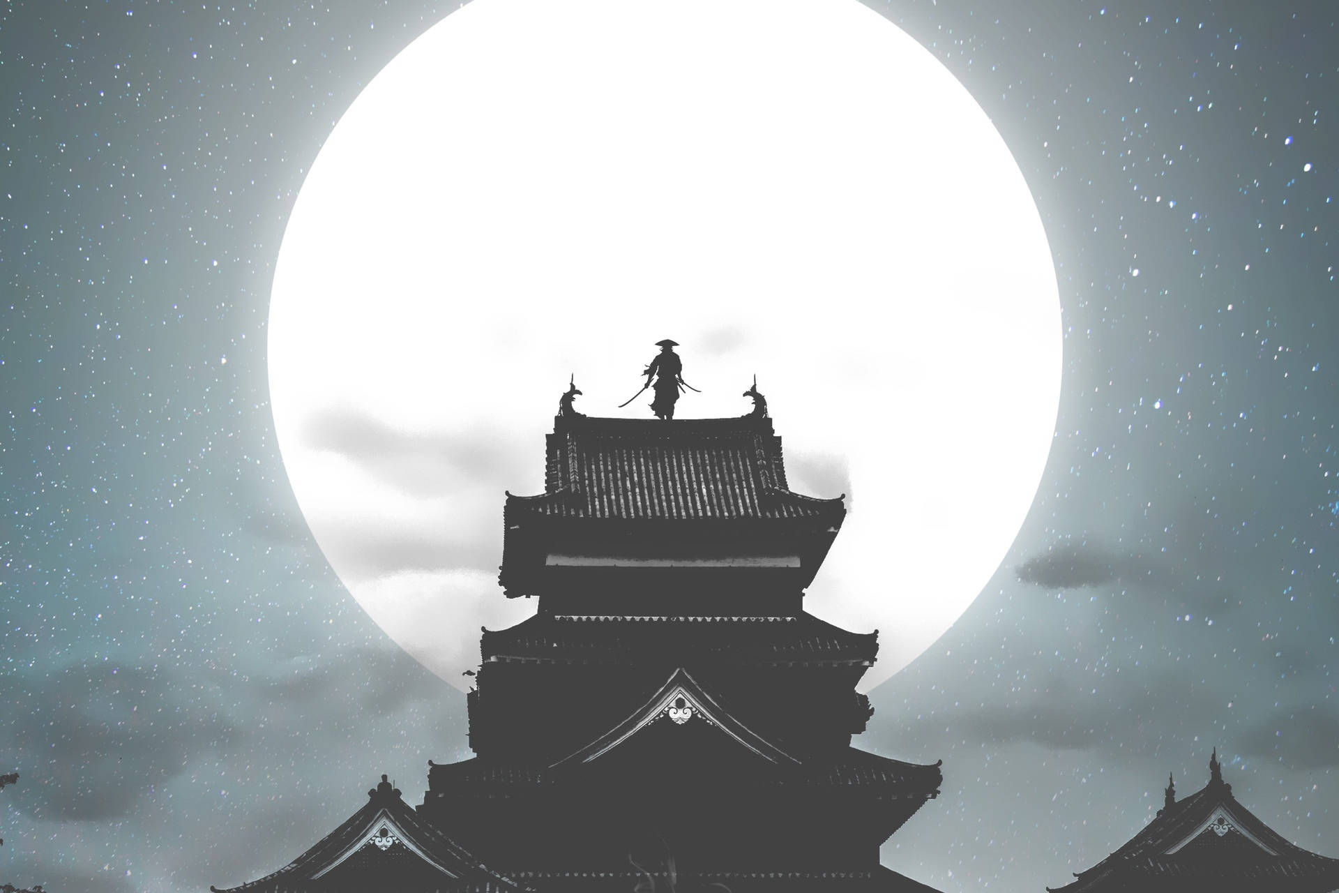 武士動畫 桌布 壁紙 — 一個孤獨的武士站在傳統日本城堡的剪影上，背景是巨大的發光滿月和繁星點點的夜空。