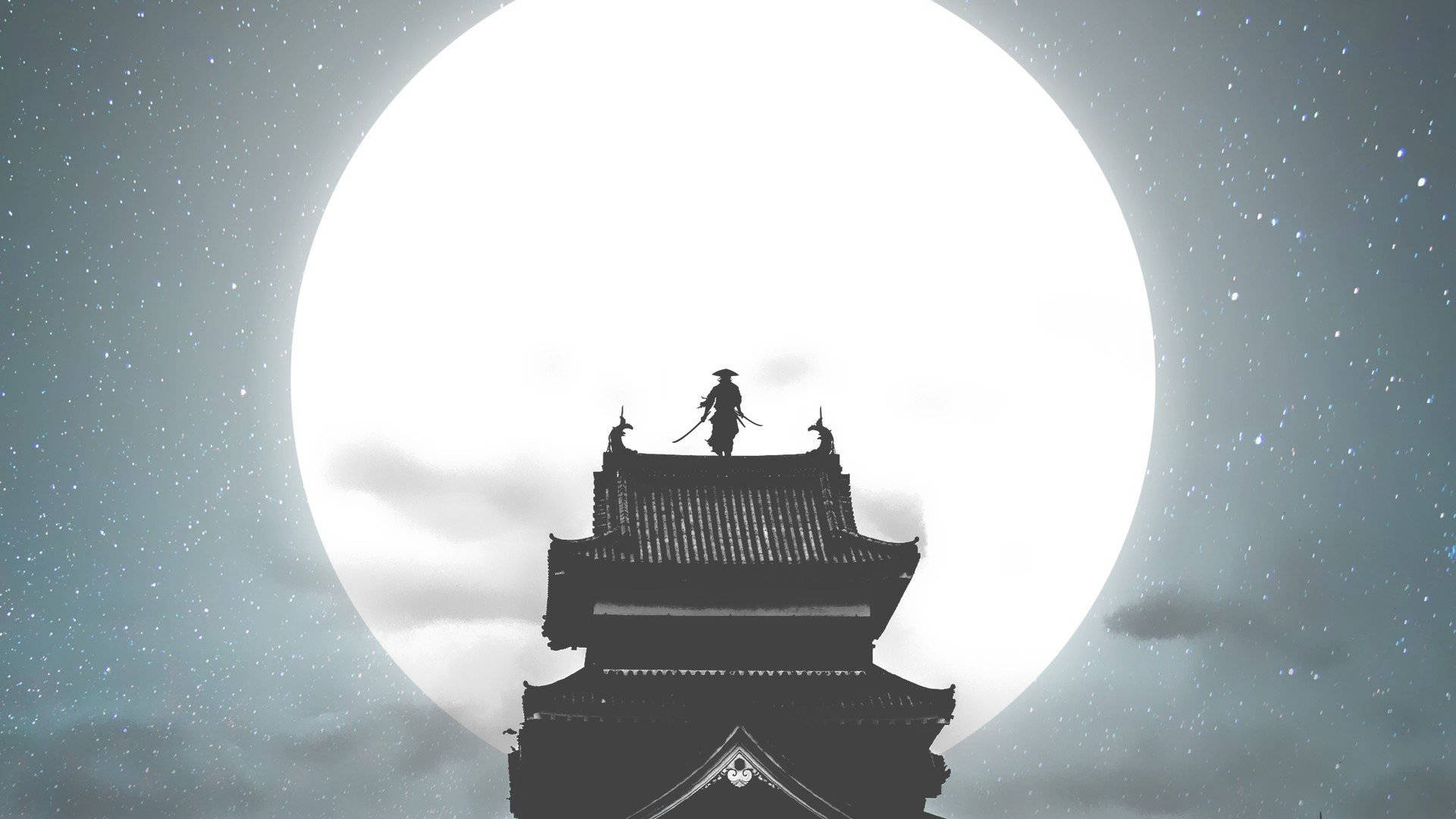 武士動畫 桌布 壁紙 — 一個孤獨的武士站在傳統日本塔頂，剪影映襯著滿天星斗夜空中巨大的滿月。