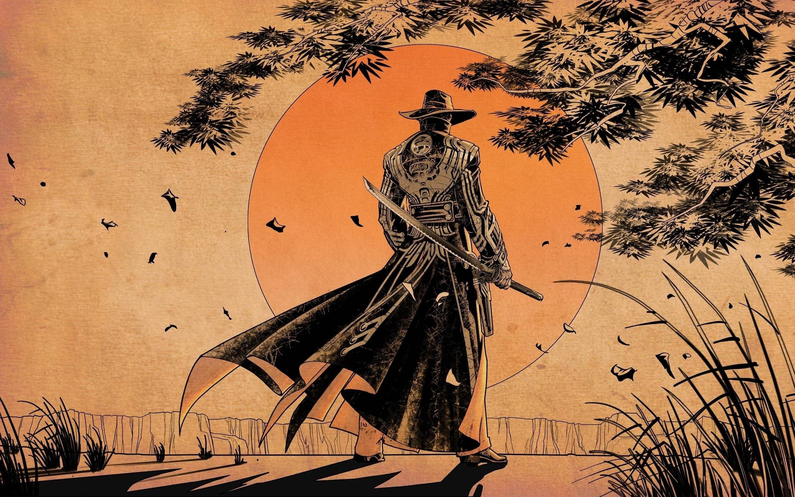 日本武士 桌布 壁紙 — 一個孤獨的武士站在巨大的橙色太陽前，形成剪影，周圍環繞著竹枝和落葉。