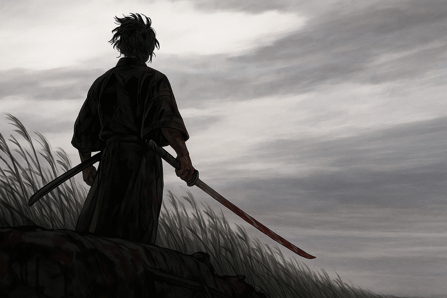 美學 桌布 壁紙 — 一個孤獨的武士站在懸崖邊，緊握著沾血的武士刀，頭頂上暴風雲聚集。