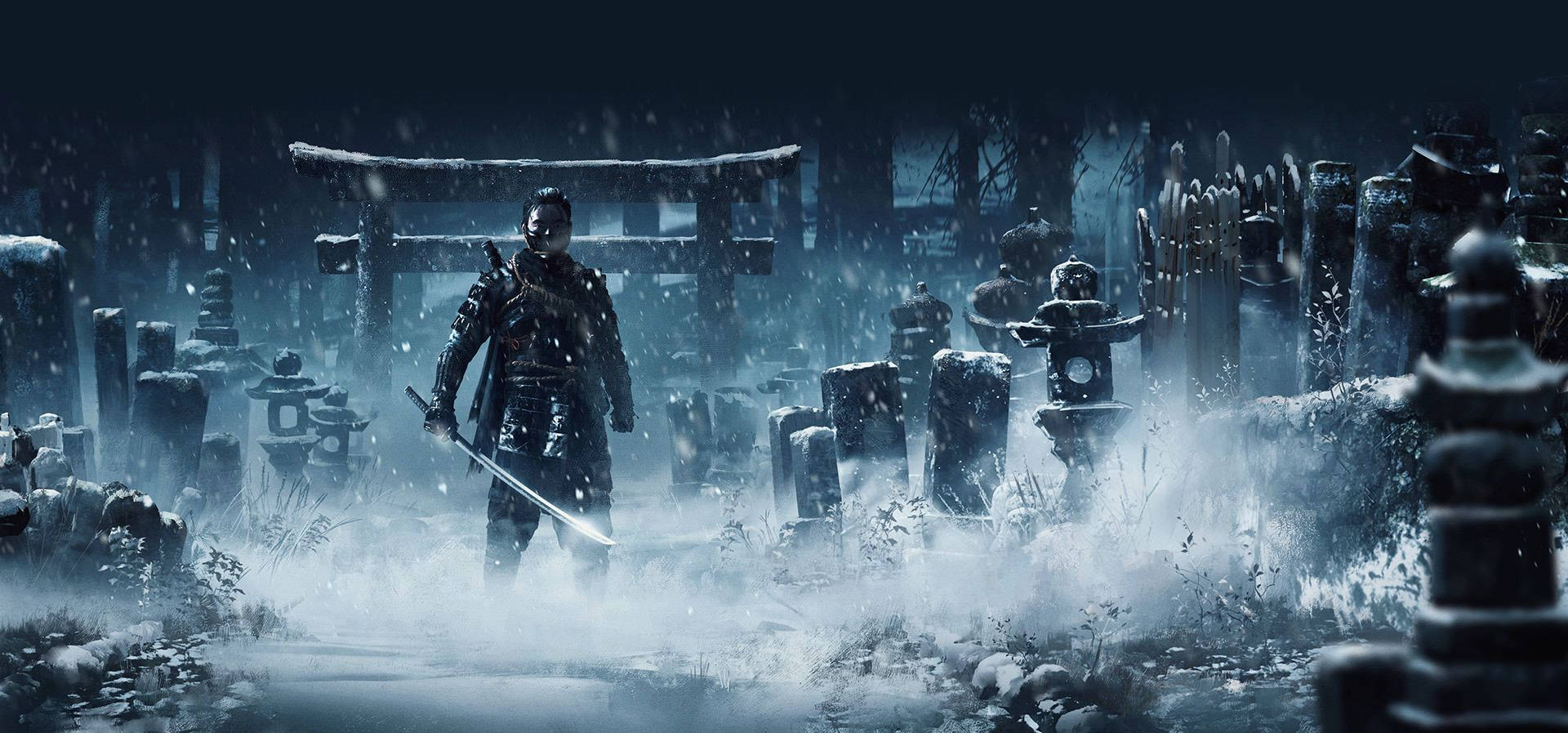 雪夜中的日本墓地，武士戰士，霧氣和飄雪。 — Ps4 壁紙