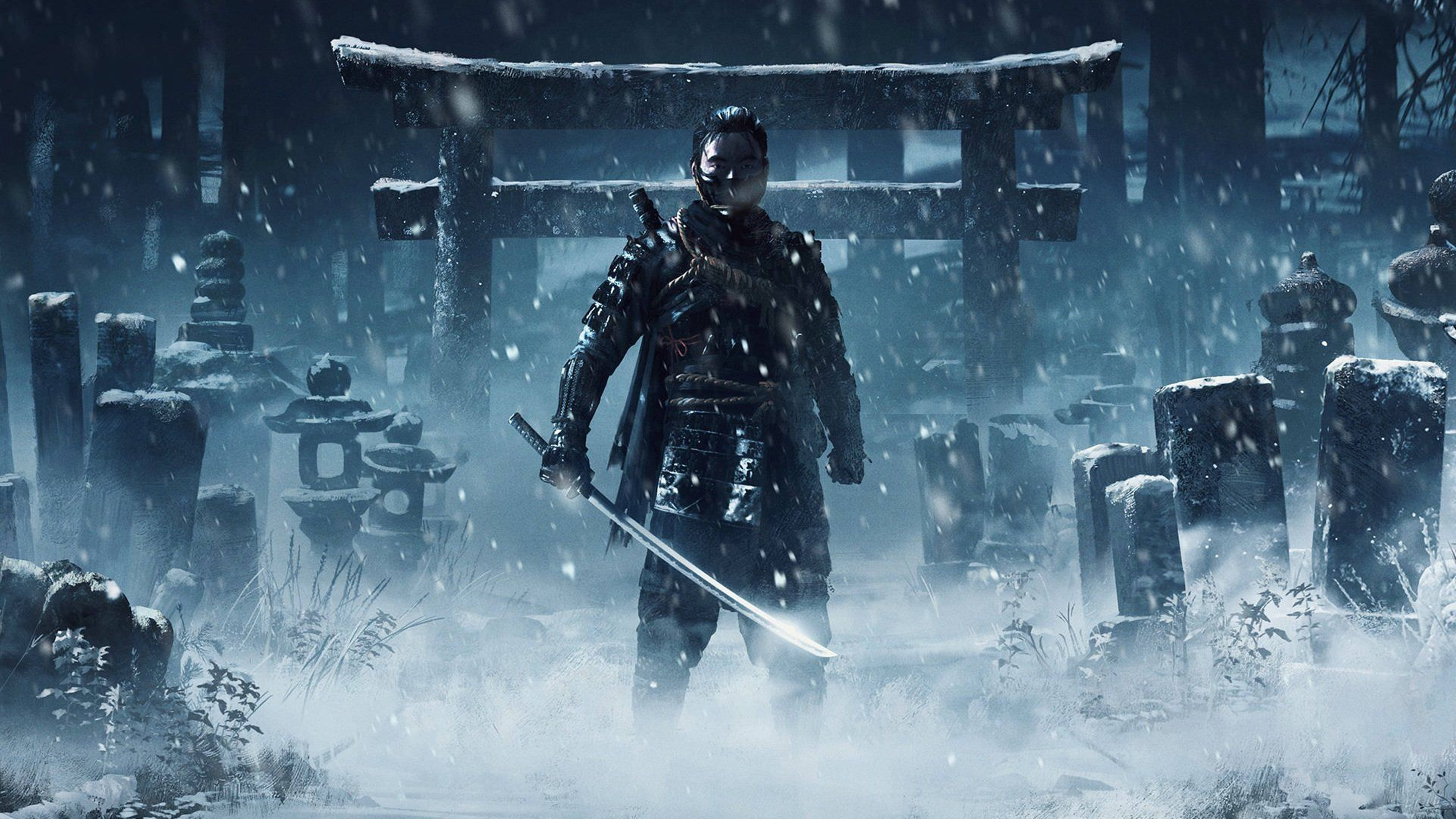 雪覆蓋的日本墓地與鳥居的武士 — 電玩遊戲 GIF 壁紙