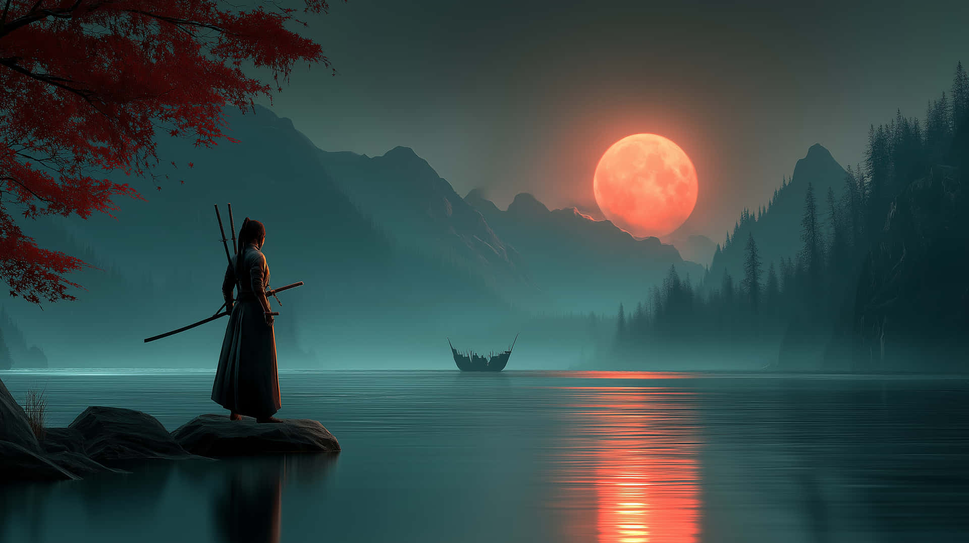 Epic Samurai Stance: Red Moon over Serene Lake and Mountains 壁紙 — 一個孤獨的武士站在霧氣瀰漫的湖邊岩石上，一輪巨大的紅月從山後升起，將光芒灑在水面和遠處的小船上。