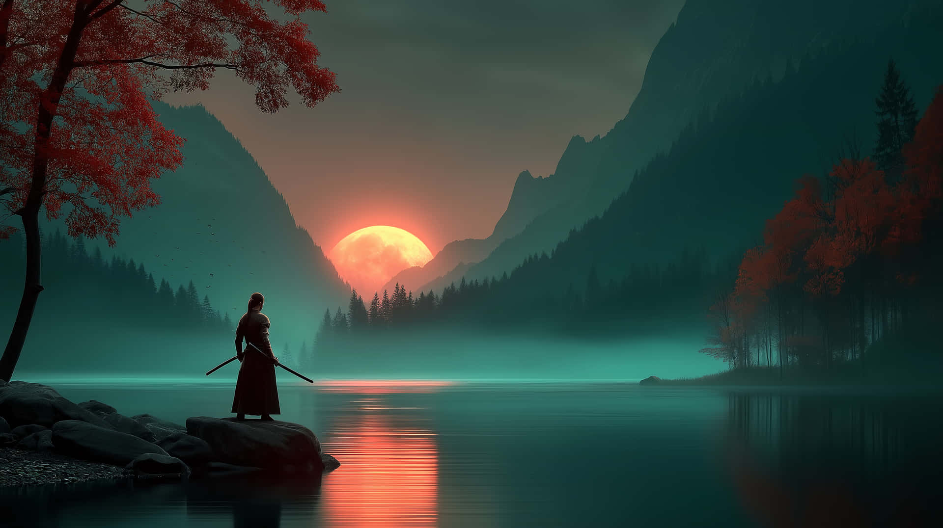 武士戰士站在湖邊岩石上，觀看橙色夕陽越過霧氣山脈 — 山脈 壁紙