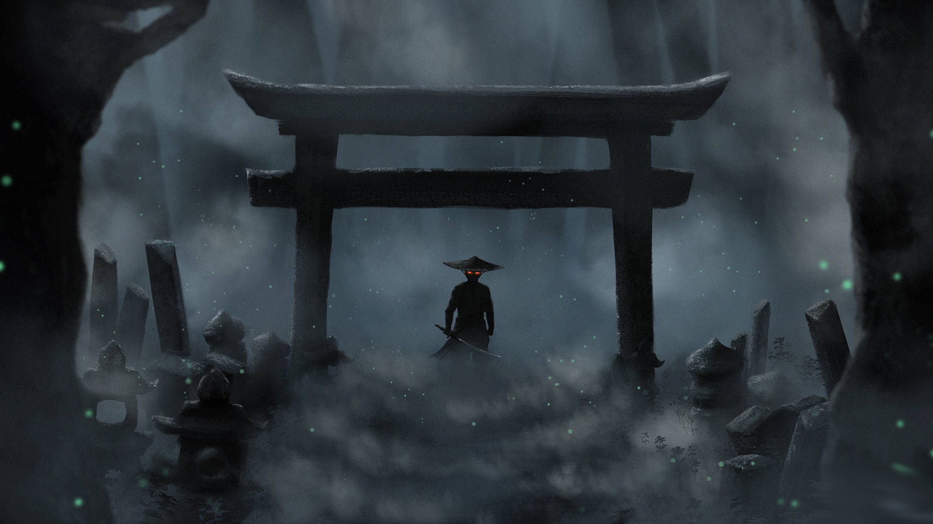 Torii 桌布 壁紙 — 一個孤獨的武士站在黑暗森林中霧氣繚繞的鳥居下，發光的眼睛和劍透過霧氣可見。