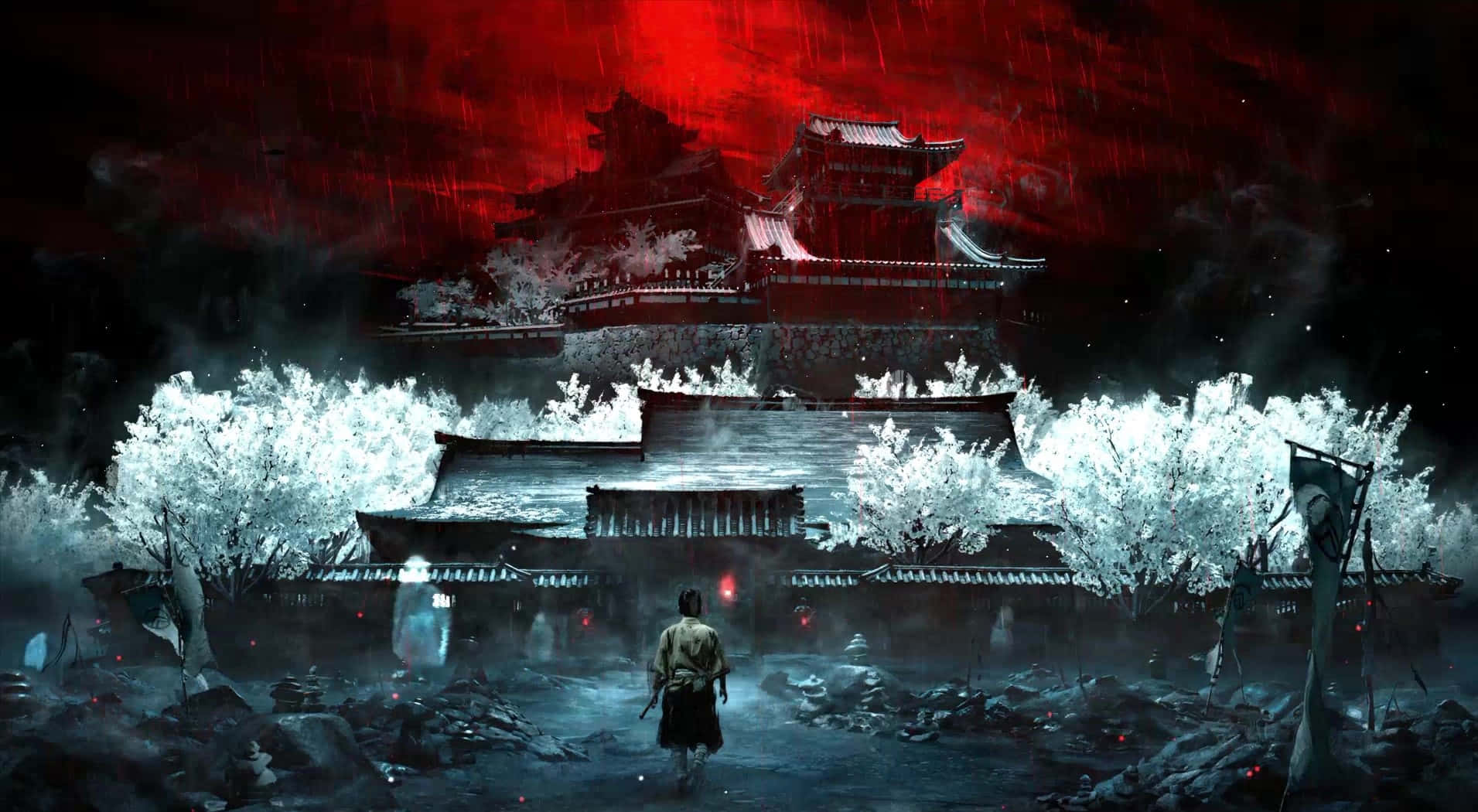 對馬戰鬼 桌布 壁紙 — 一個孤獨的武士走向一座鬧鬼的日本城堡，天空血紅，雪花落在發光的白色樹木上。