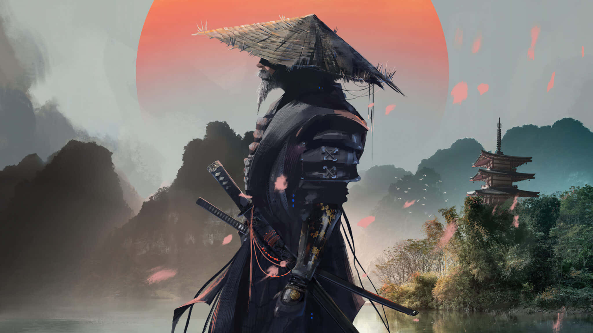 Samurai X 桌布 壁紙 — 一個孤獨的武士身穿深色盔甲和草帽，在巨大的橙色太陽下形成剪影，櫻花在霧氣繚繞的山巒中飄揚，遠處有一座寶塔。
