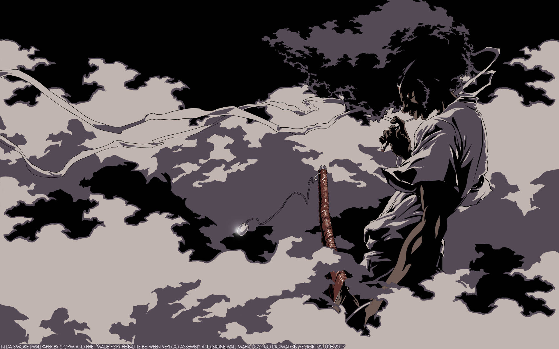 Anime Samurai 桌布 壁紙 — 一個孤獨的武士身穿深色長袍，站在暴風雲端，揮舞著劍對抗旋風和陰影形態。