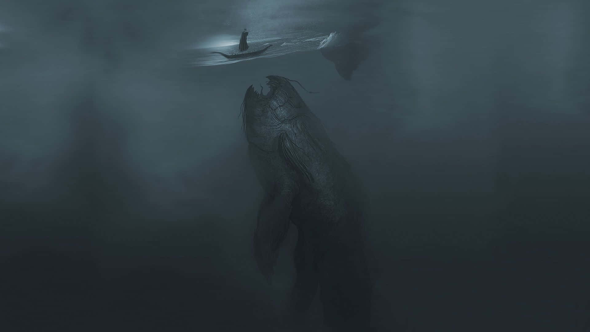 Scary Underwater 桌布 壁紙 — 一個孤獨的水手在小船上與一個從深淵深處升起的巨大陰影海怪戰鬥。