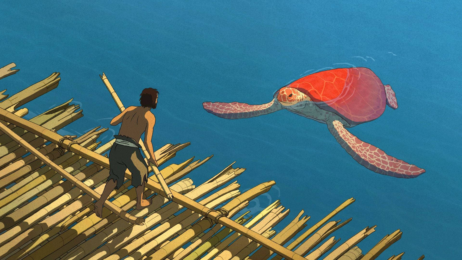 Cartoon Turtle 桌布 壁紙 — 一個孤獨的水手在竹筏上凝視著一隻鮮紅色的海龜在清澈的藍色海洋中滑行。