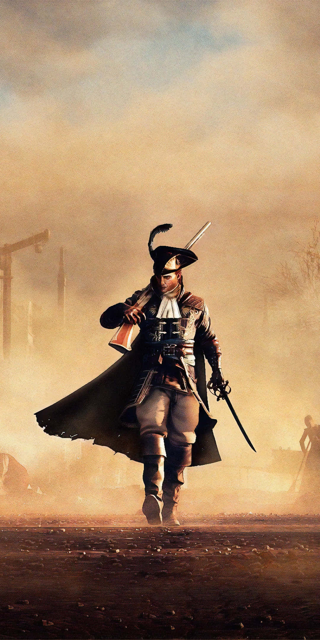 Pixel 3 Greedfall 桌布 壁紙 — 一個孤獨的海盜，戴著三角帽，穿著外套，手持劍和火槍，在塵土飛揚的戰場煙霧中大步前行。