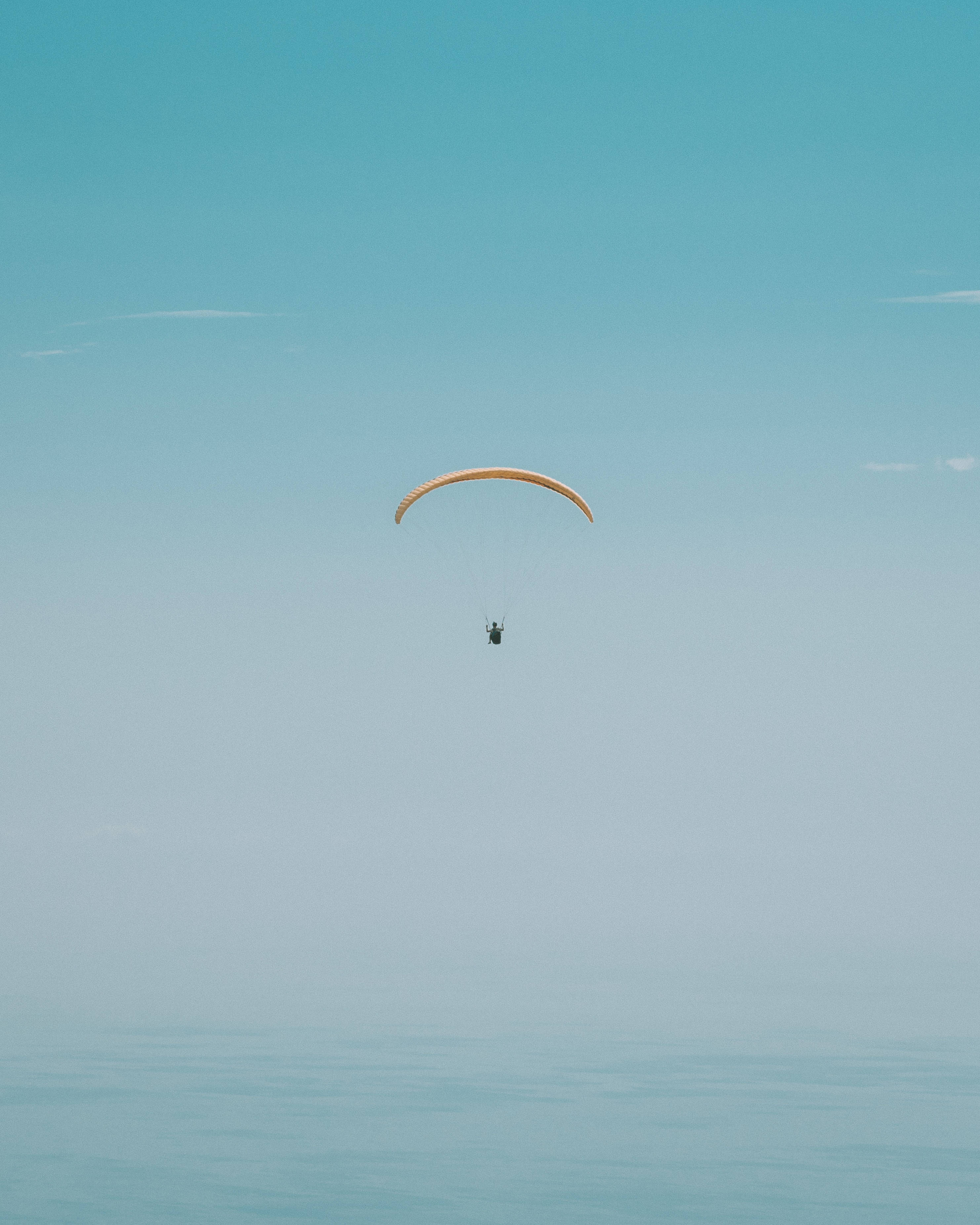 Paragliding 桌布 壁紙 — 一個孤獨的滑翔傘運動員帶著棕色的傘翼，在晴朗的藍天下平靜地翱翔在平靜的碧綠海面上。