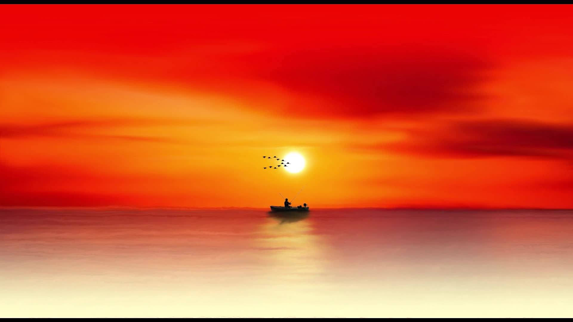 海洋 桌布 壁紙 — 一個孤獨的漁夫在小船上，在平靜的水面上，以火熱的橙色和紅色日落為背景，鳥兒在頭頂飛翔的剪影。