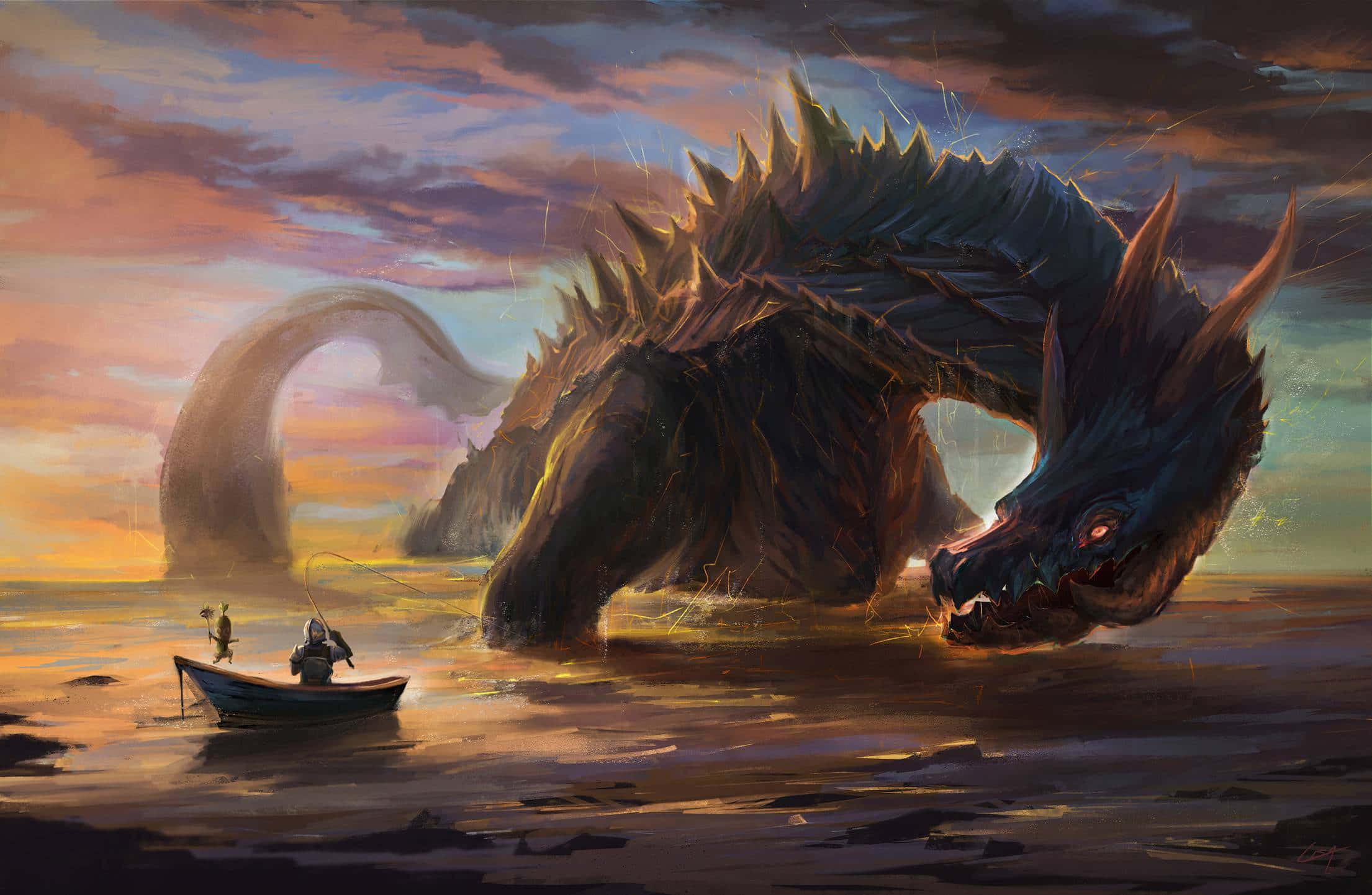 Monster Hunter 3 桌布 壁紙 — 一個孤獨的漁夫在小船上，面對著日落時從海洋中出現的巨大黑暗龍。