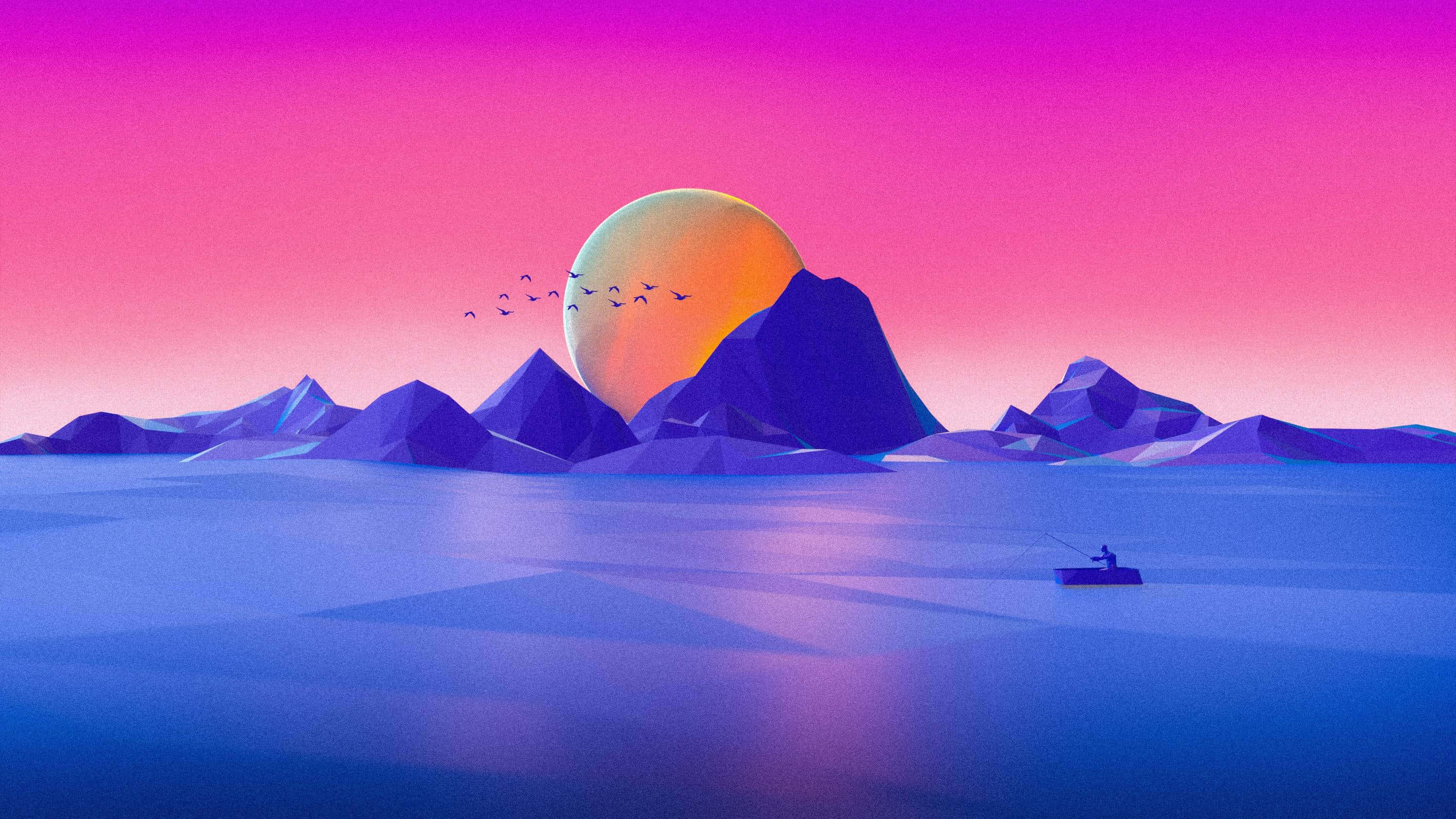 Minimal Art 桌布 壁紙 — 一個孤獨的漁夫在小船上漂浮在平靜的藍色水面上，巨大的橙色太陽落在紫色幾何山脈後面。