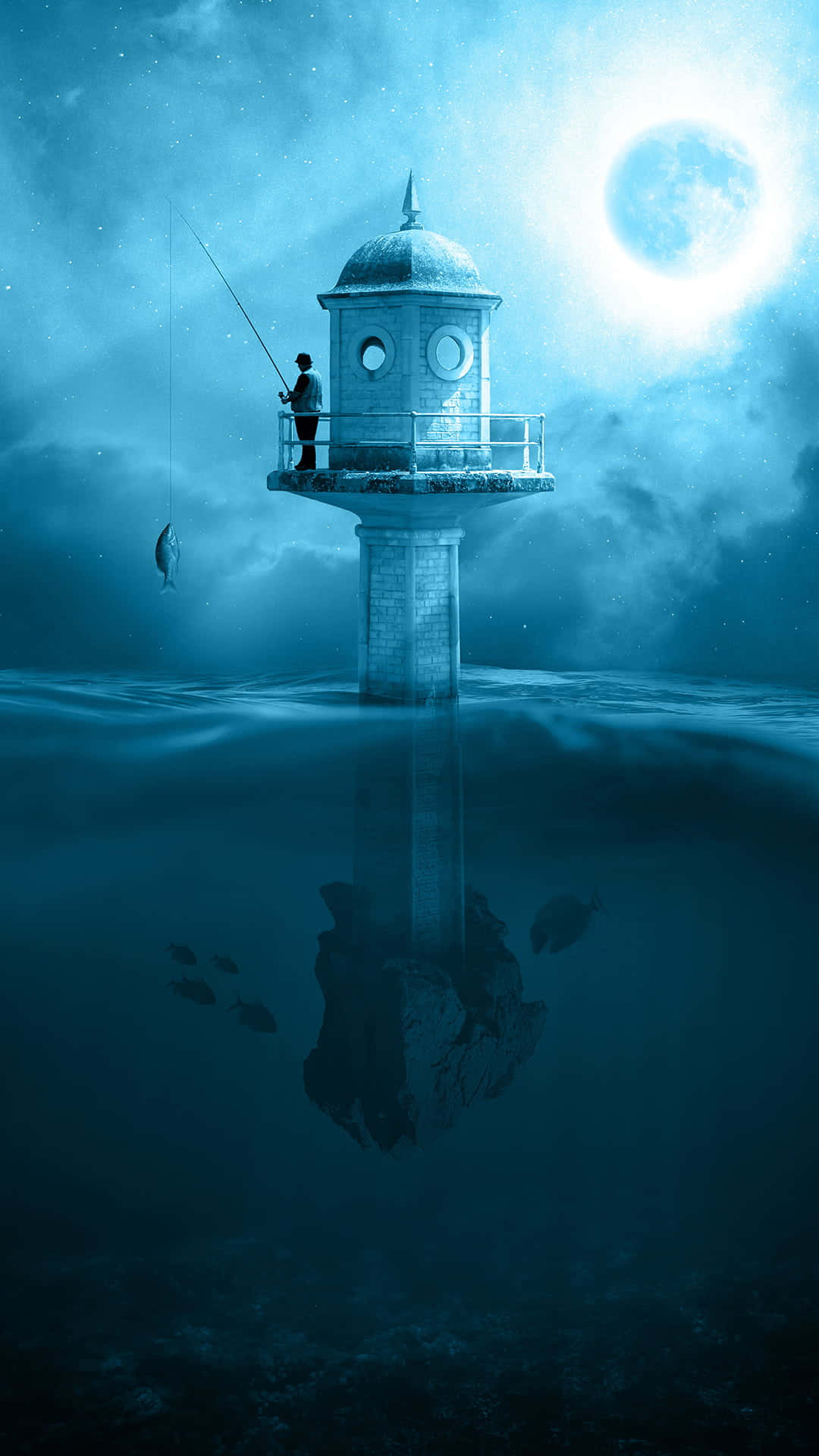 Fishing Phone 桌布 壁紙 — 一個孤獨的漁夫站在半淹沒在月光海洋中的燈塔頂上，向深藍色的海水拋出釣線。